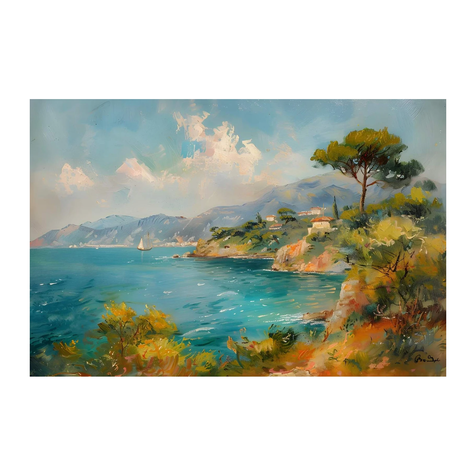 Serene Seaside Village Sailboat Wall Art