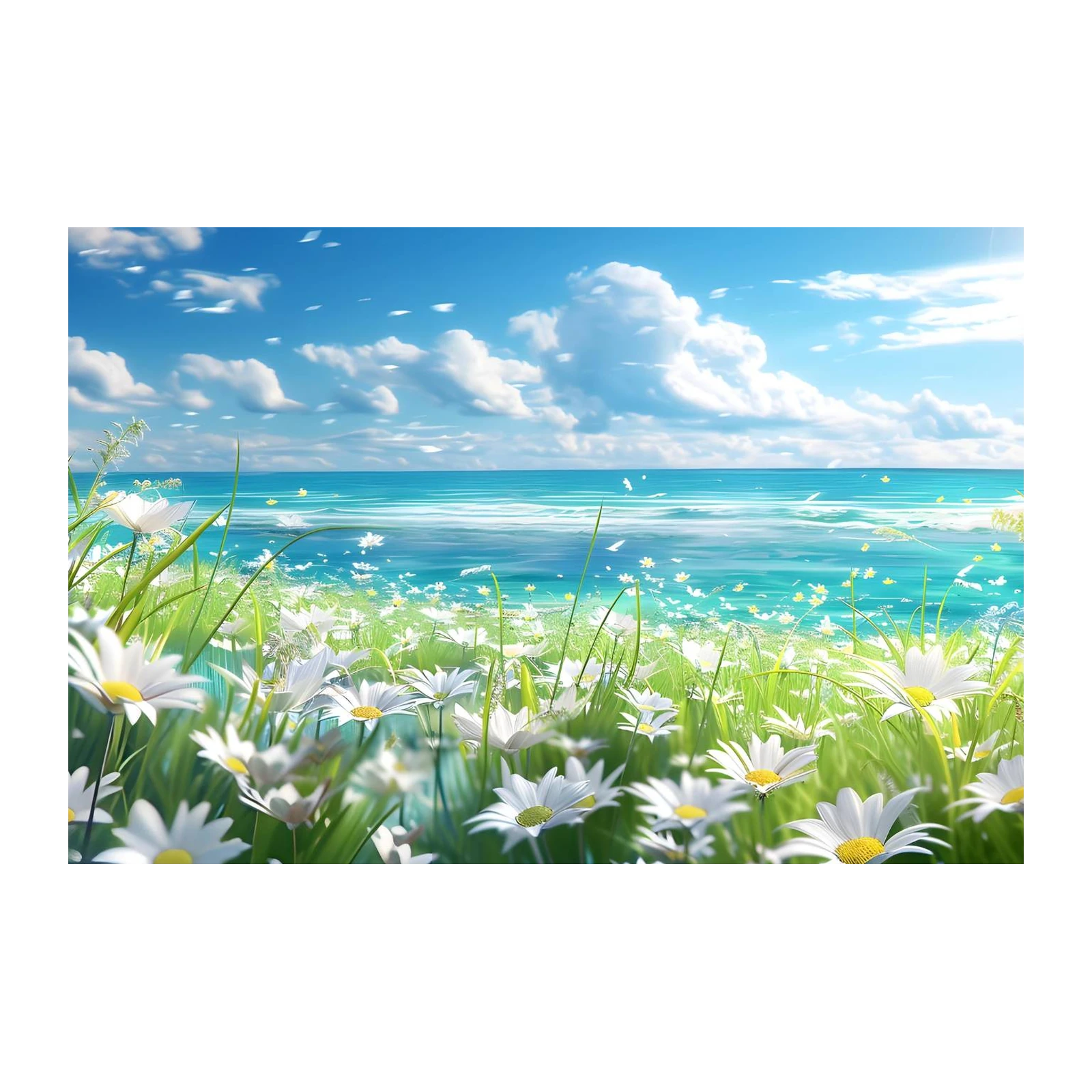 Serene Daisy Meadow Ocean Sky Wall Art