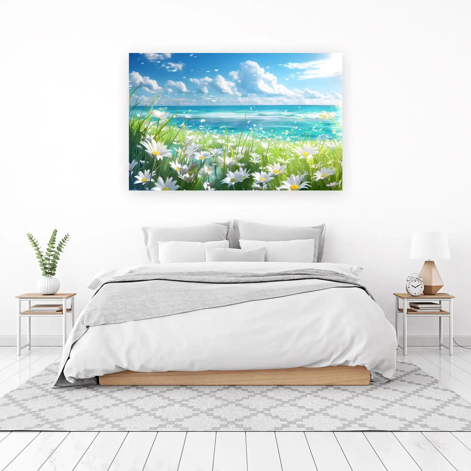Serene Daisy Meadow Ocean Sky Wall Art