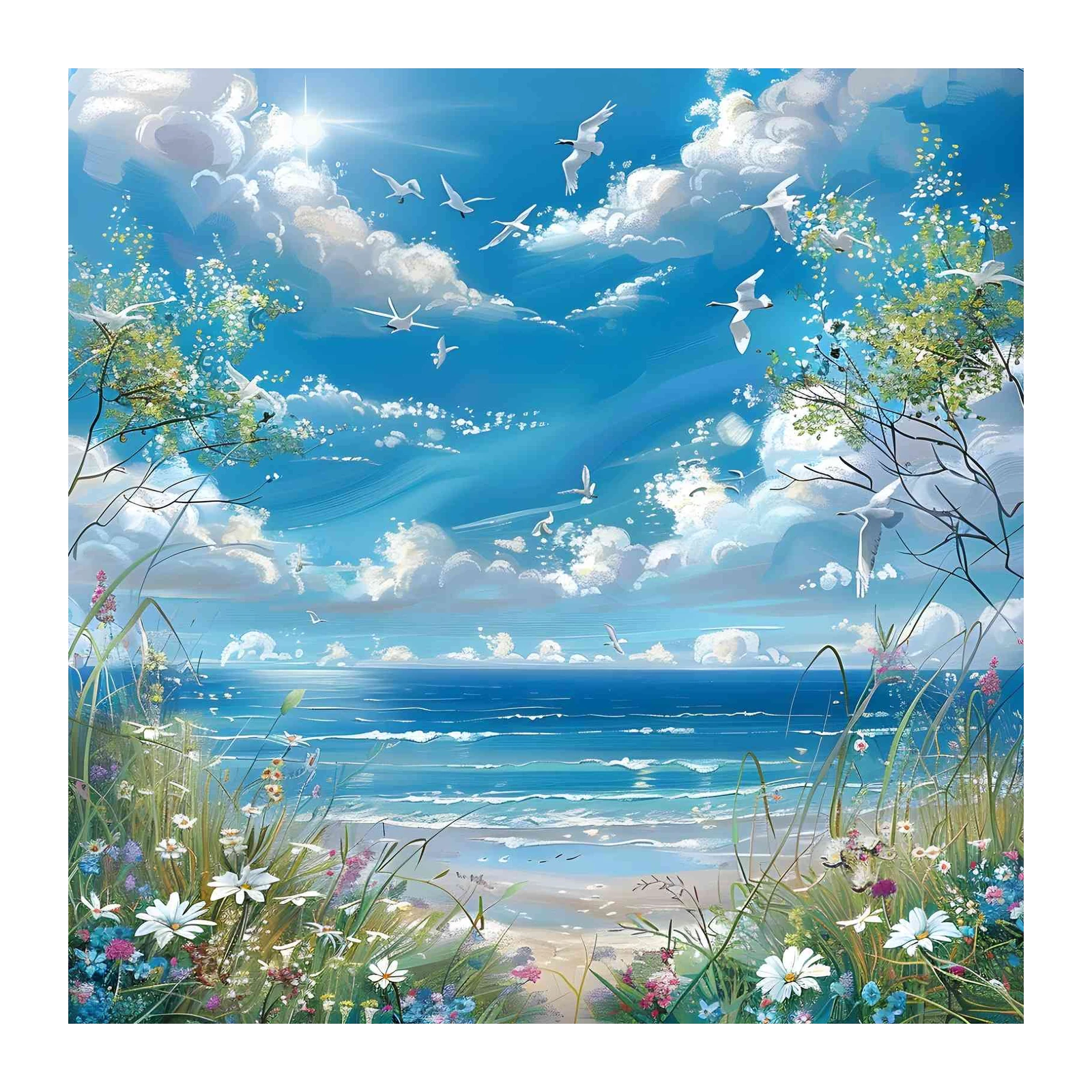 Serene Seagulls & Wildflowers Beach Wall Art