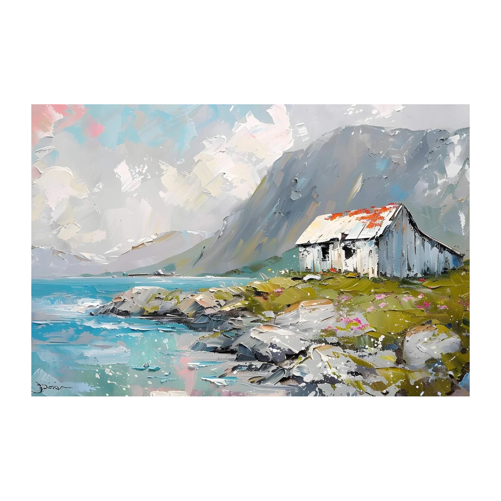 Serene Coastal Cabin Impasto Wall Art
