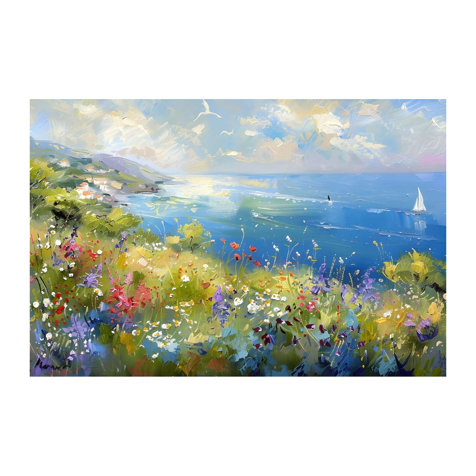 Seaside Meadow Sailboat Impressionist Wall Art