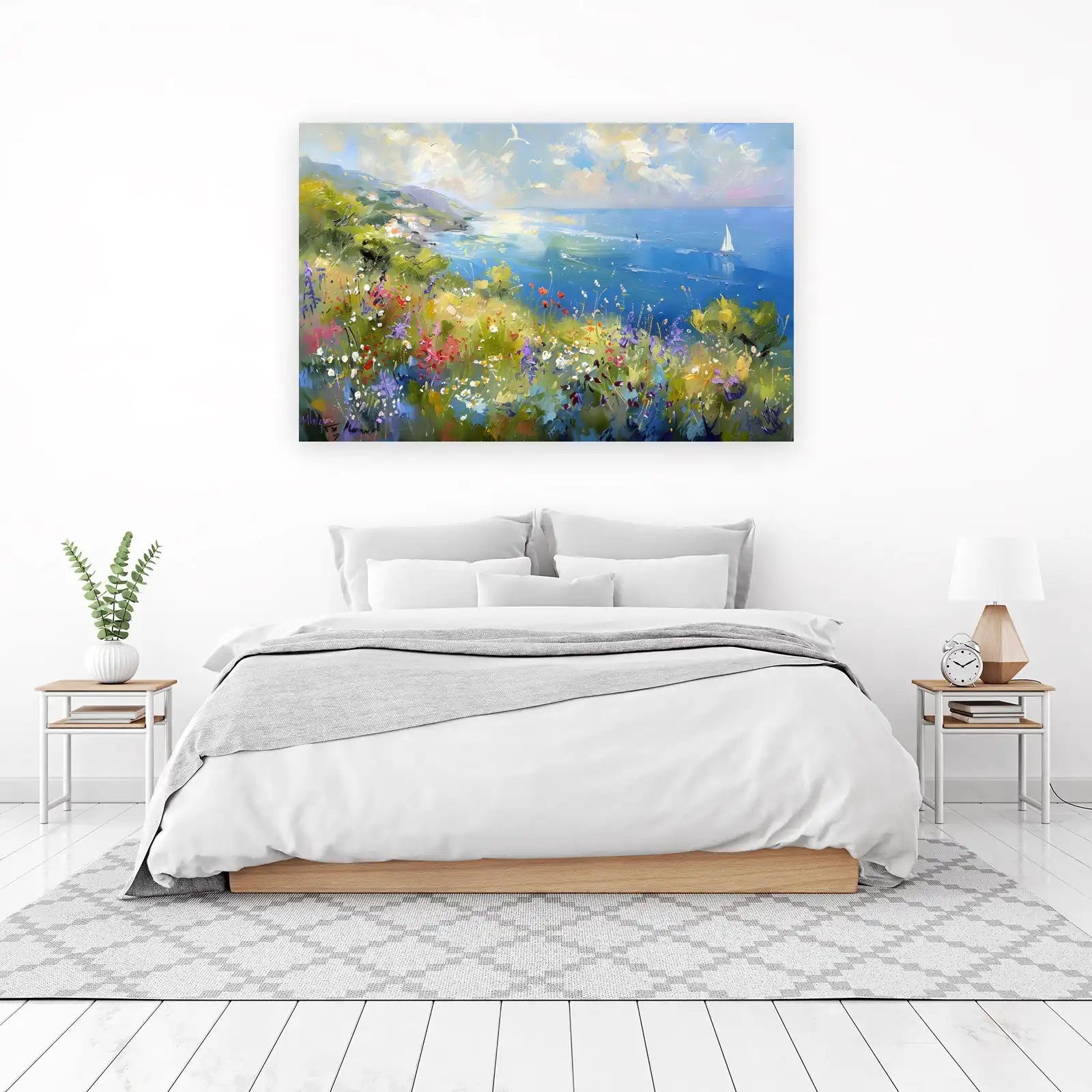 Seaside Meadow Sailboat Impressionist Wall Art