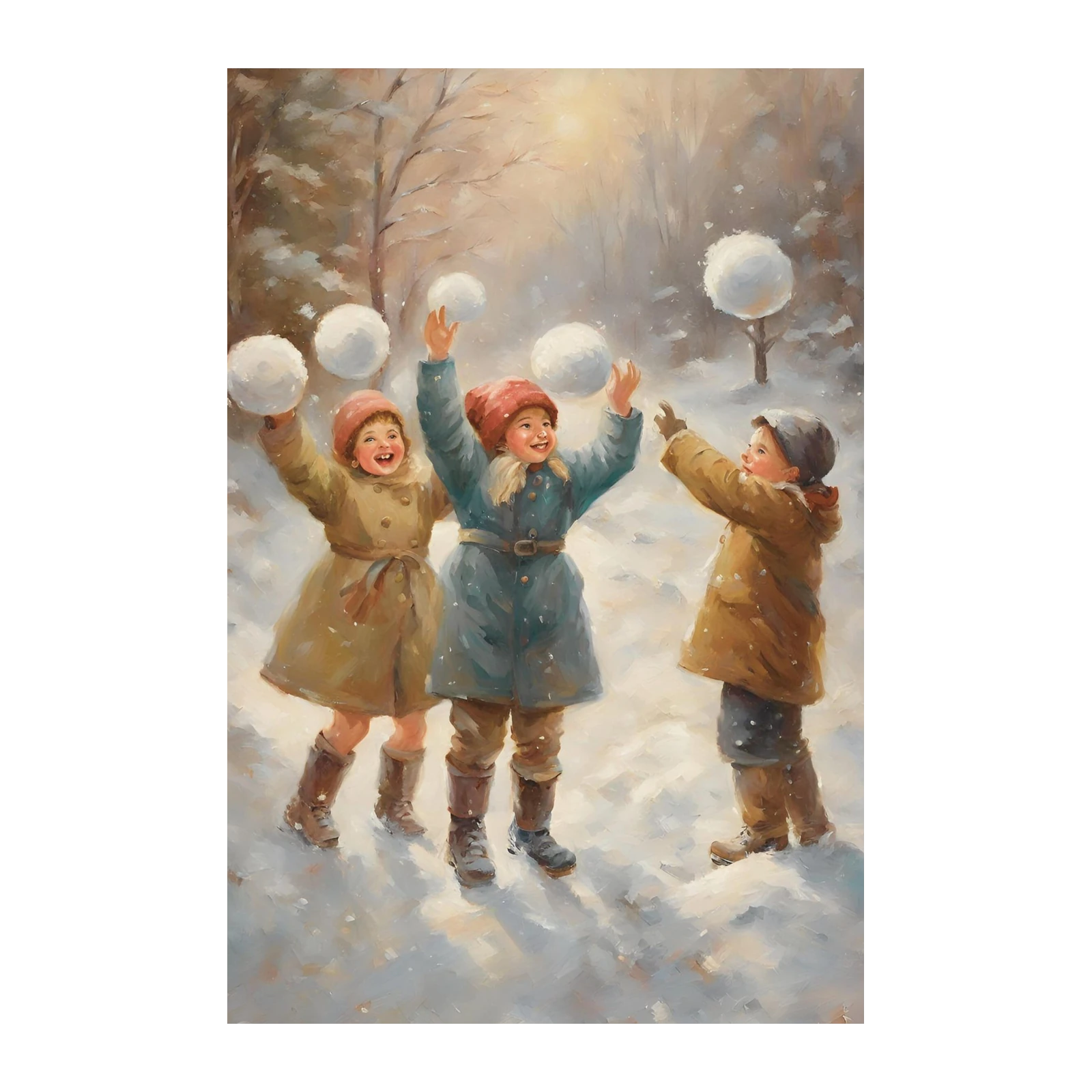 Vintage Snowball Fight Joyful Children Wall Art