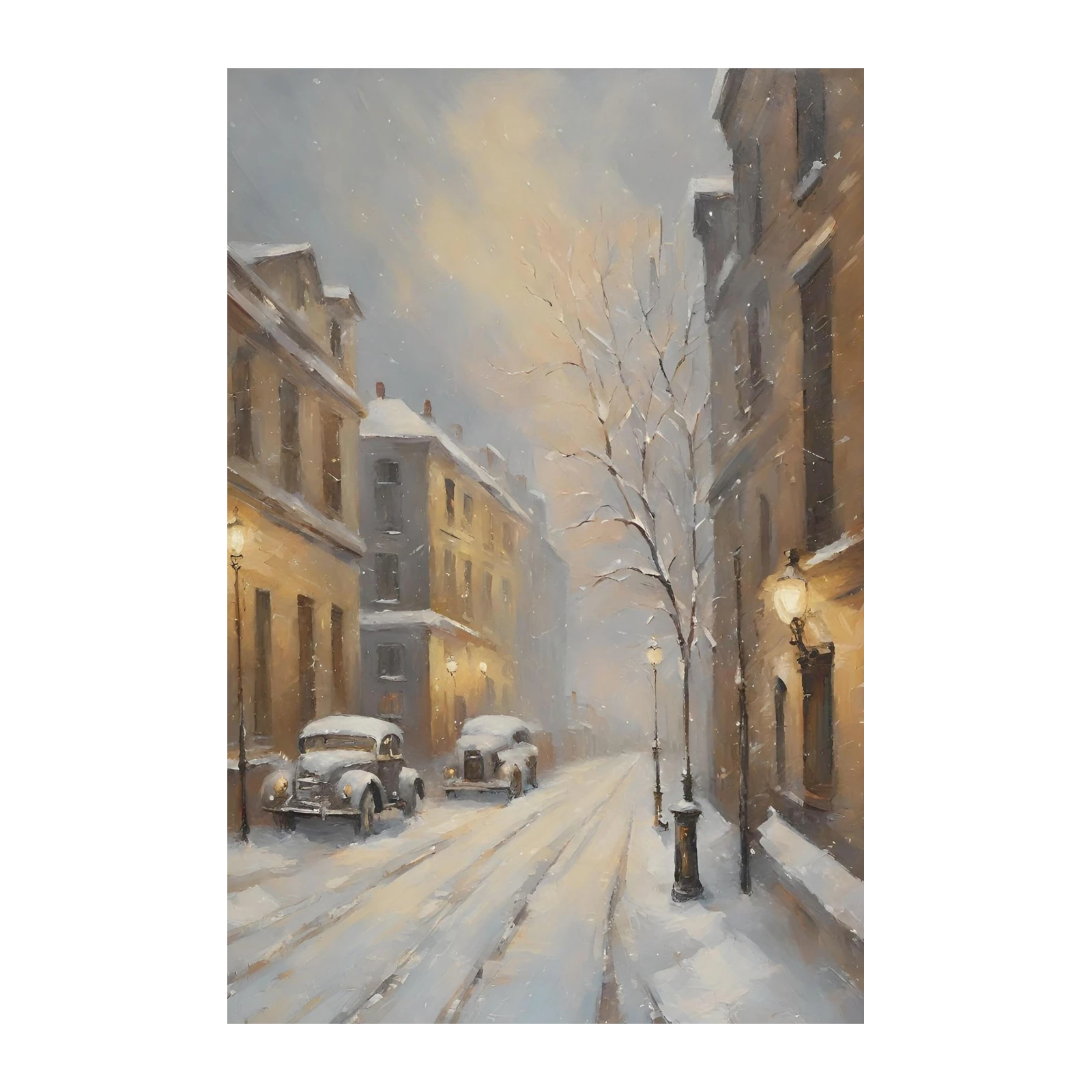 Vintage Snow Scene Cityscape Wall Art