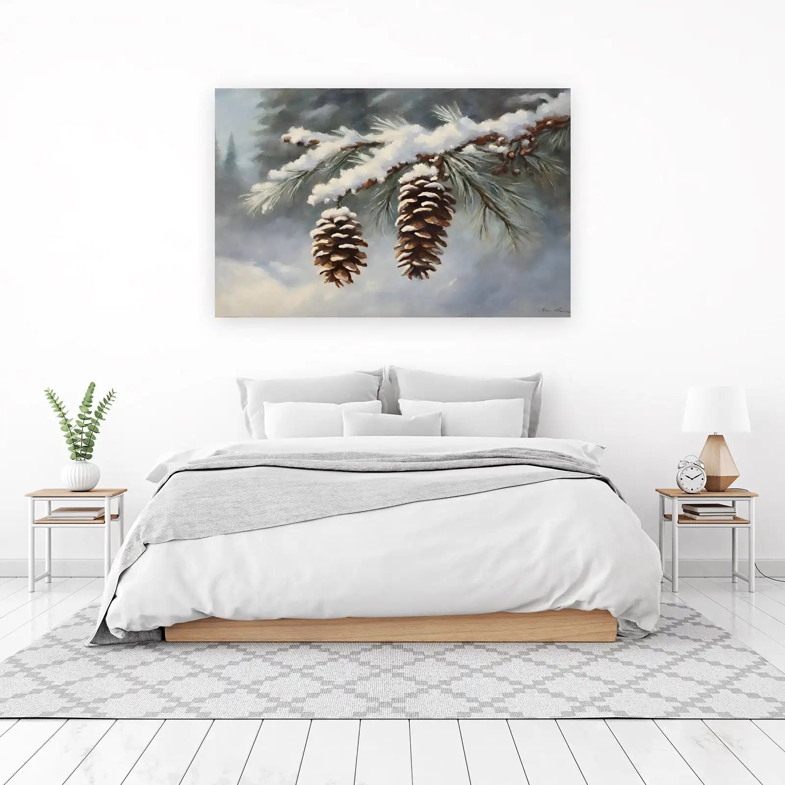 Winter Pine Cone Snow Wall Art - Cozy Nature Art
