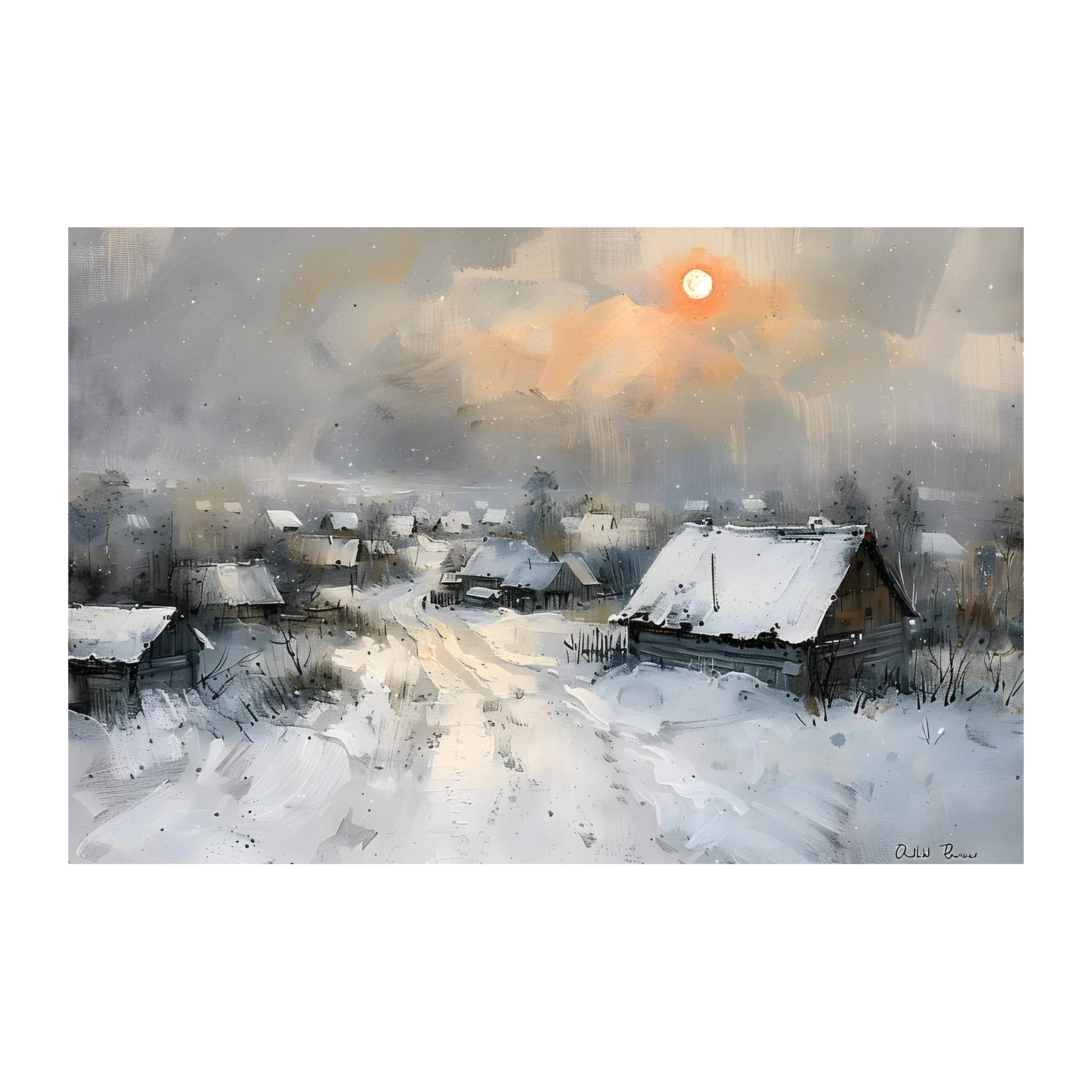 Serene Winter Village Snowfall Wall Art