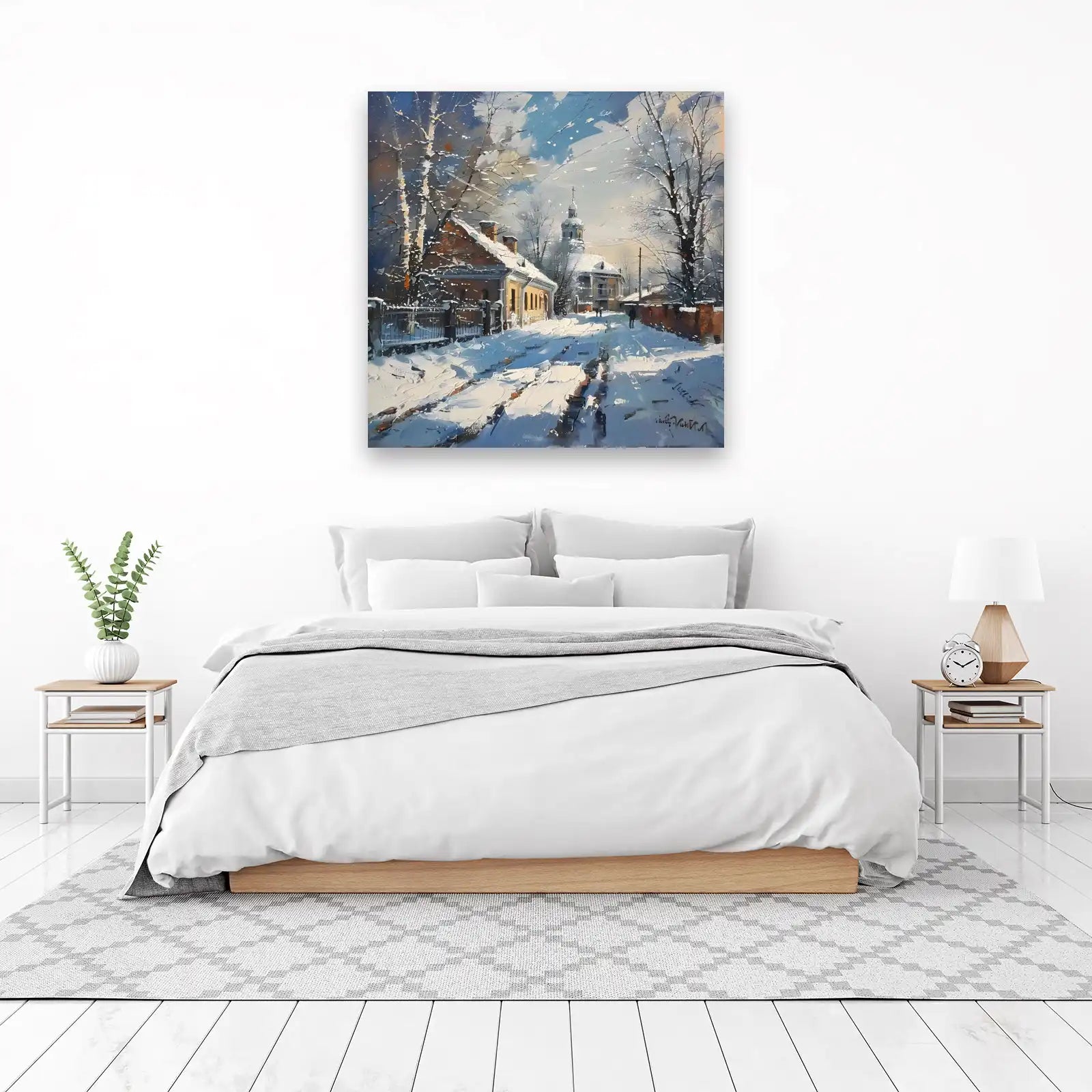 Serene Winter Village Church & Houses Wall Art