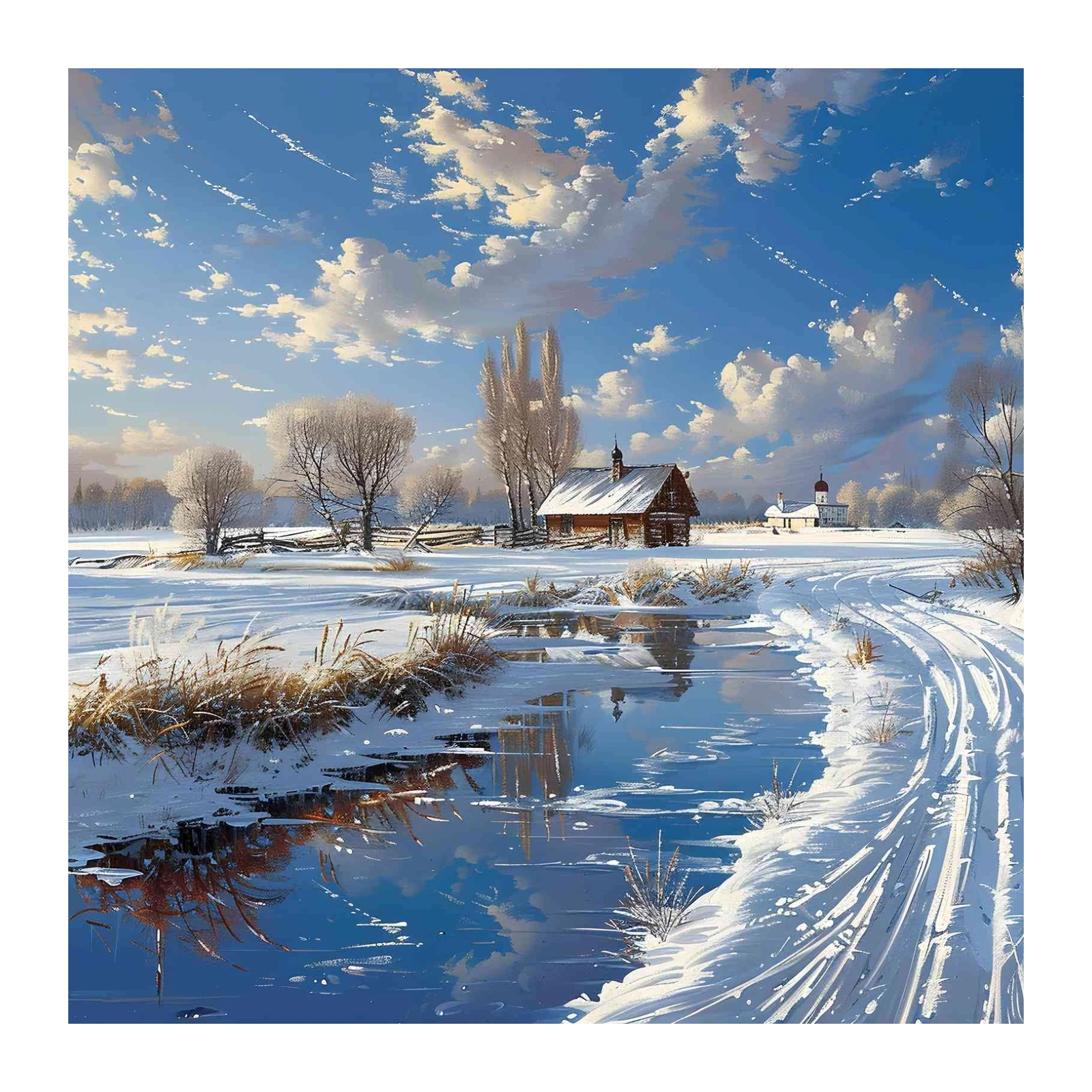 Serene Winter Cabin & Icy Pond Wall Art
