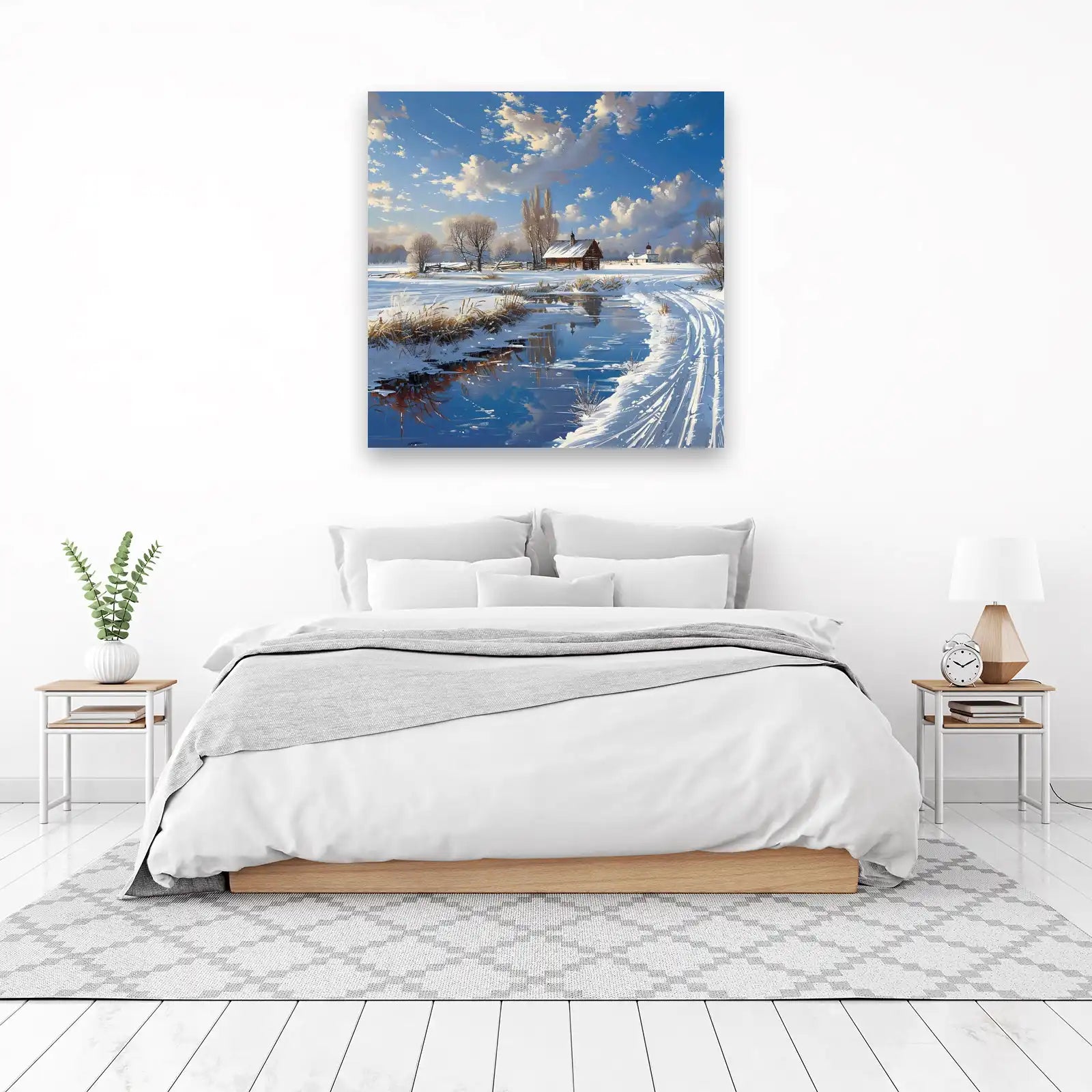 Serene Winter Cabin & Icy Pond Wall Art