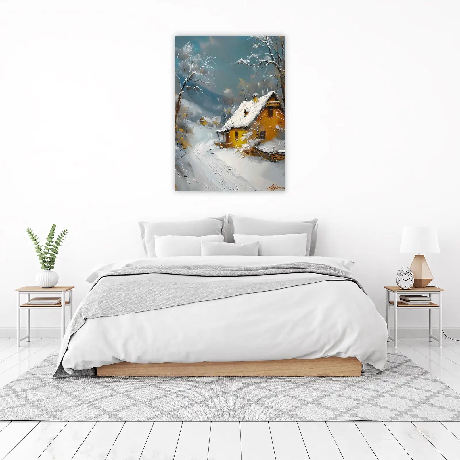 Cozy Winter Cabin Yellow House Wall Art