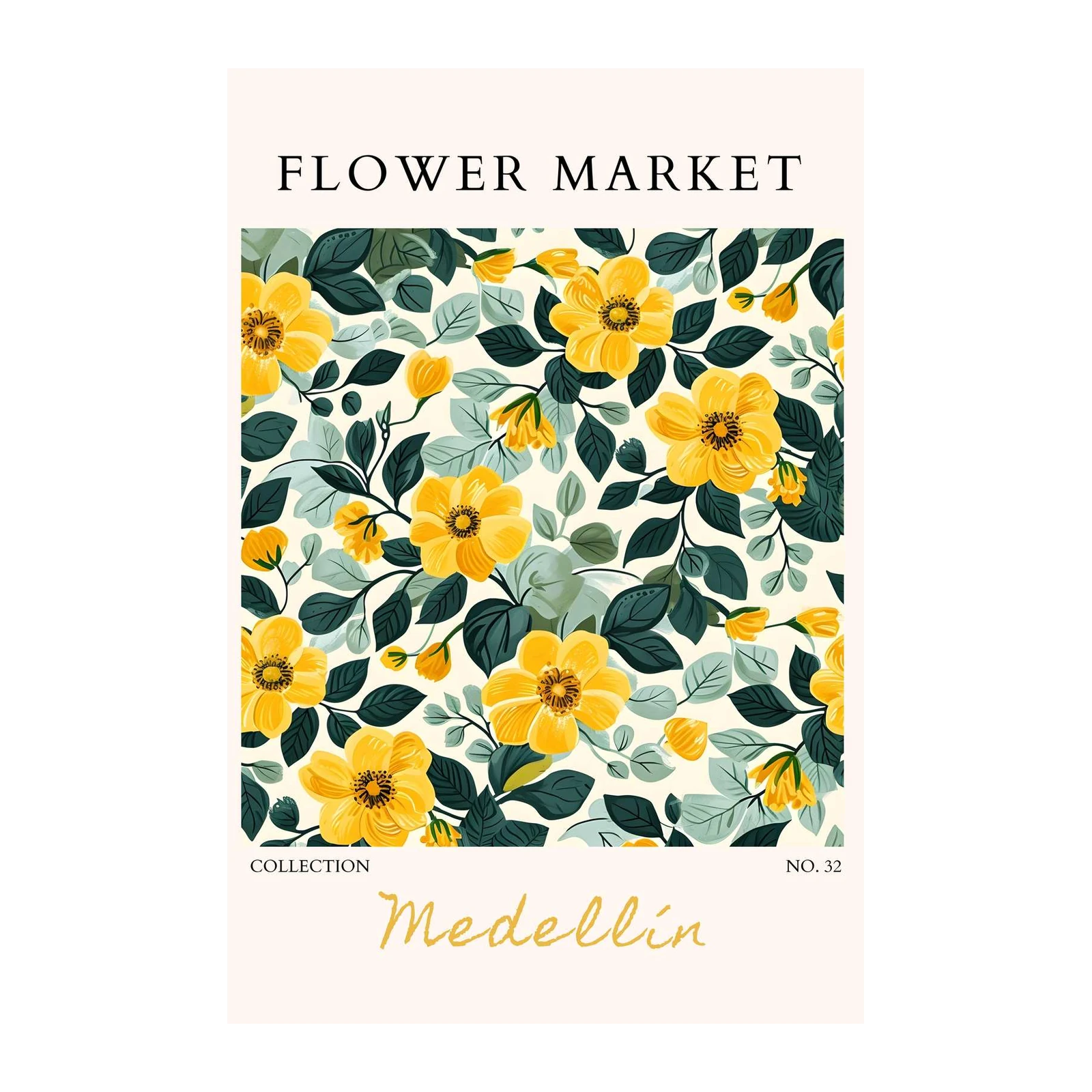 Vibrant Yellow Floral "Flower Market" Wall Art