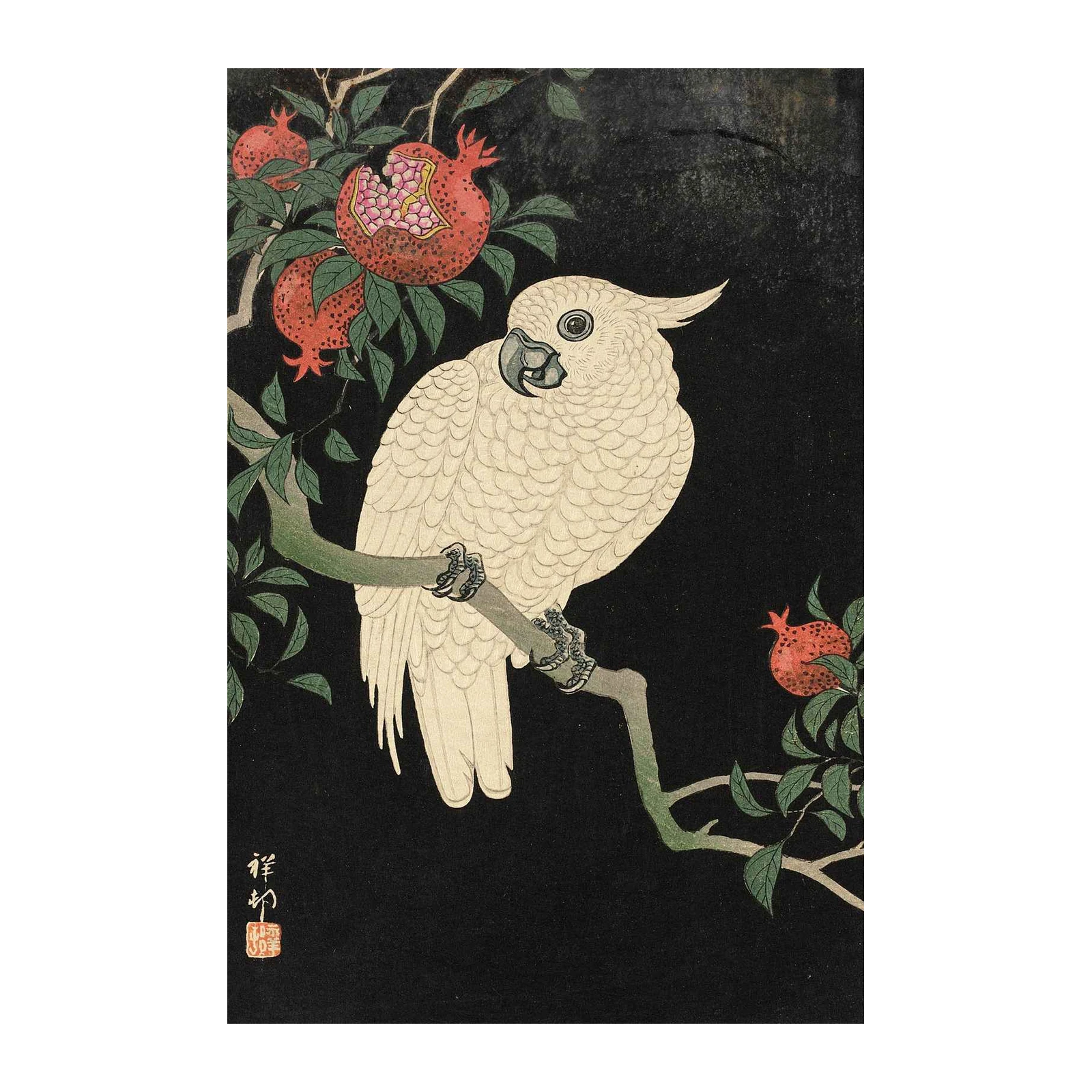 Elegant Cockatoo & Pomegranate Japanese Art Wall Art