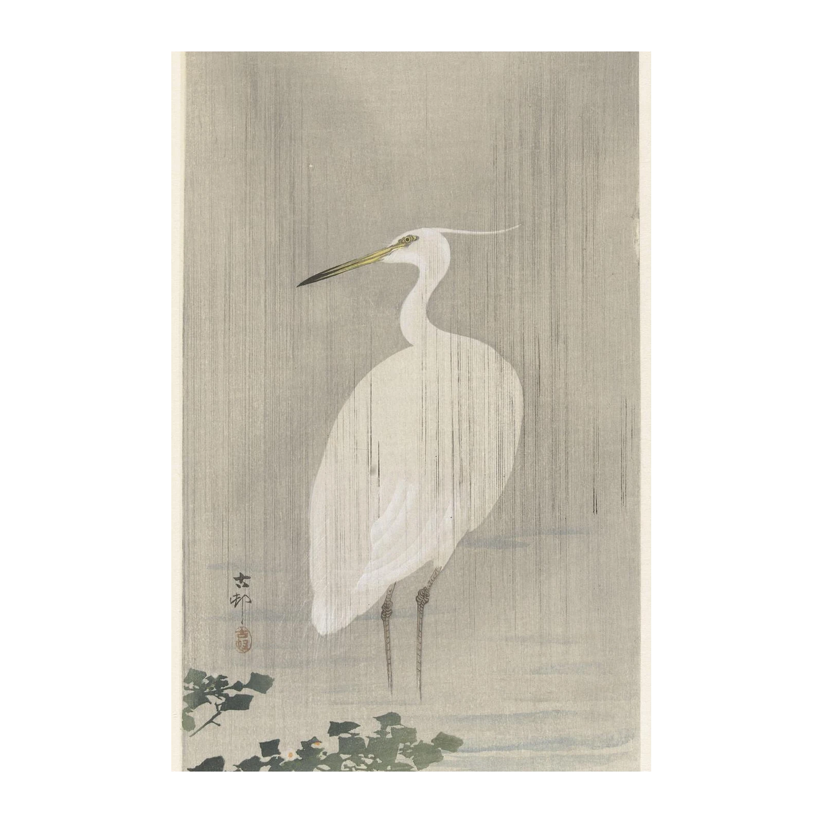 Serene Egret in Rain Japanese Art Wall Art