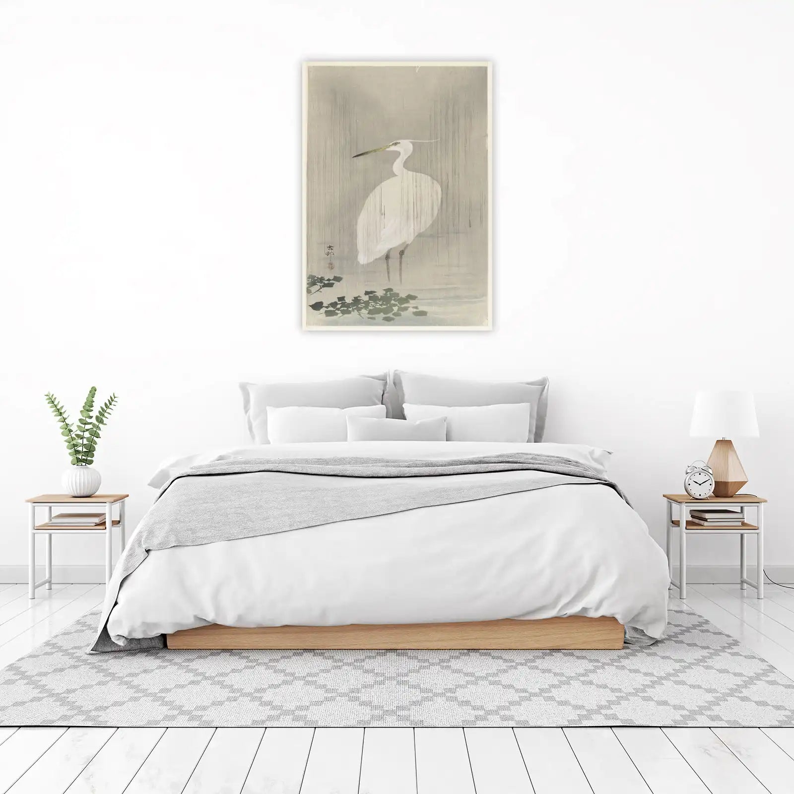 Serene Egret in Rain Japanese Art Wall Art