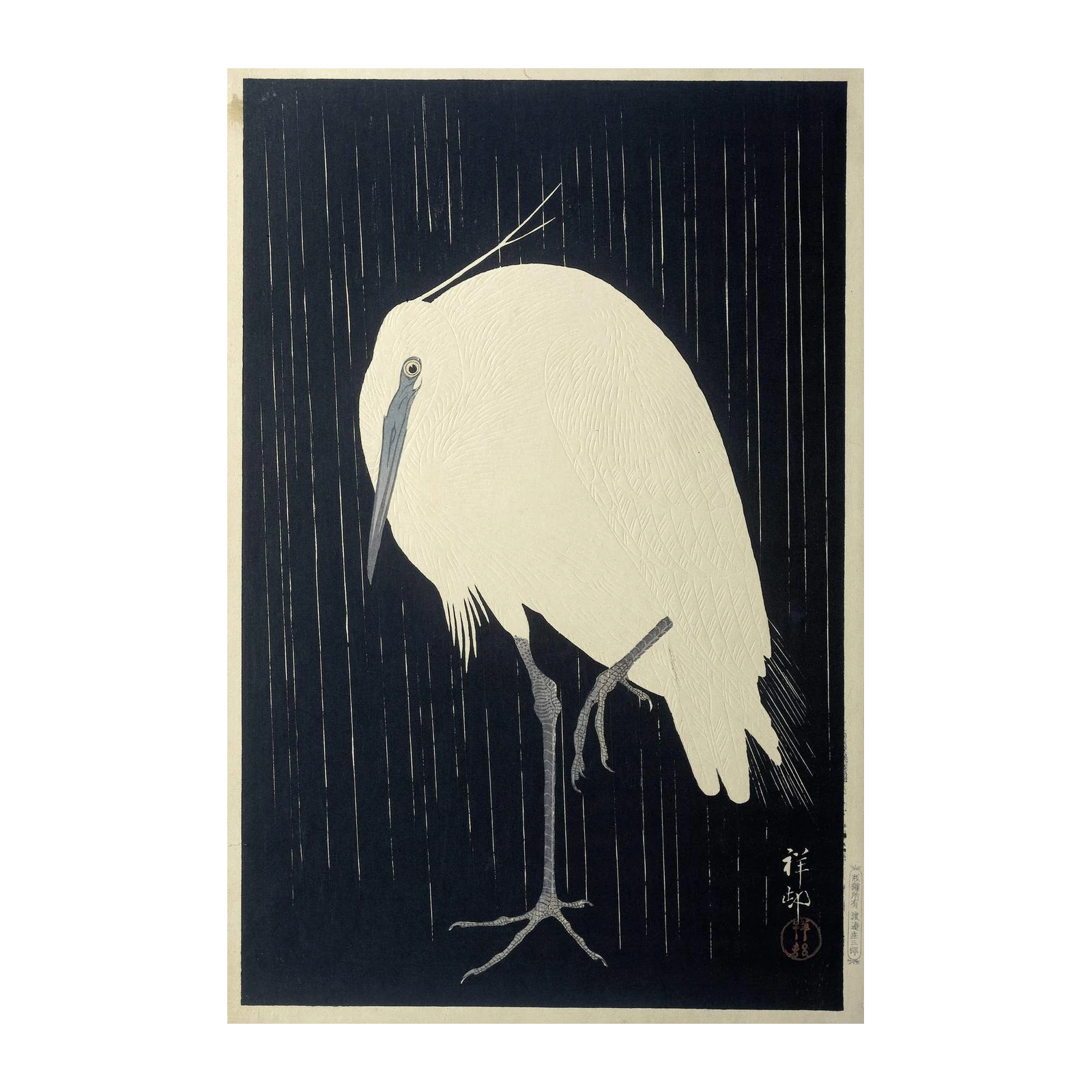 Serene White Crane in Rain Wall Art