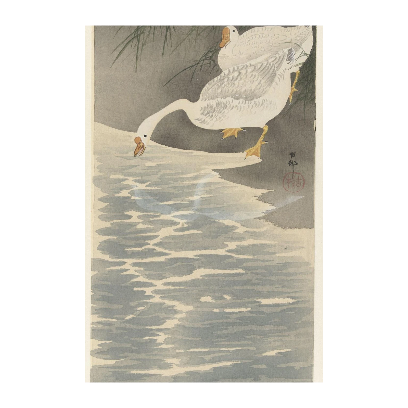 Serene Geese by Water Japanese Art Wall Art