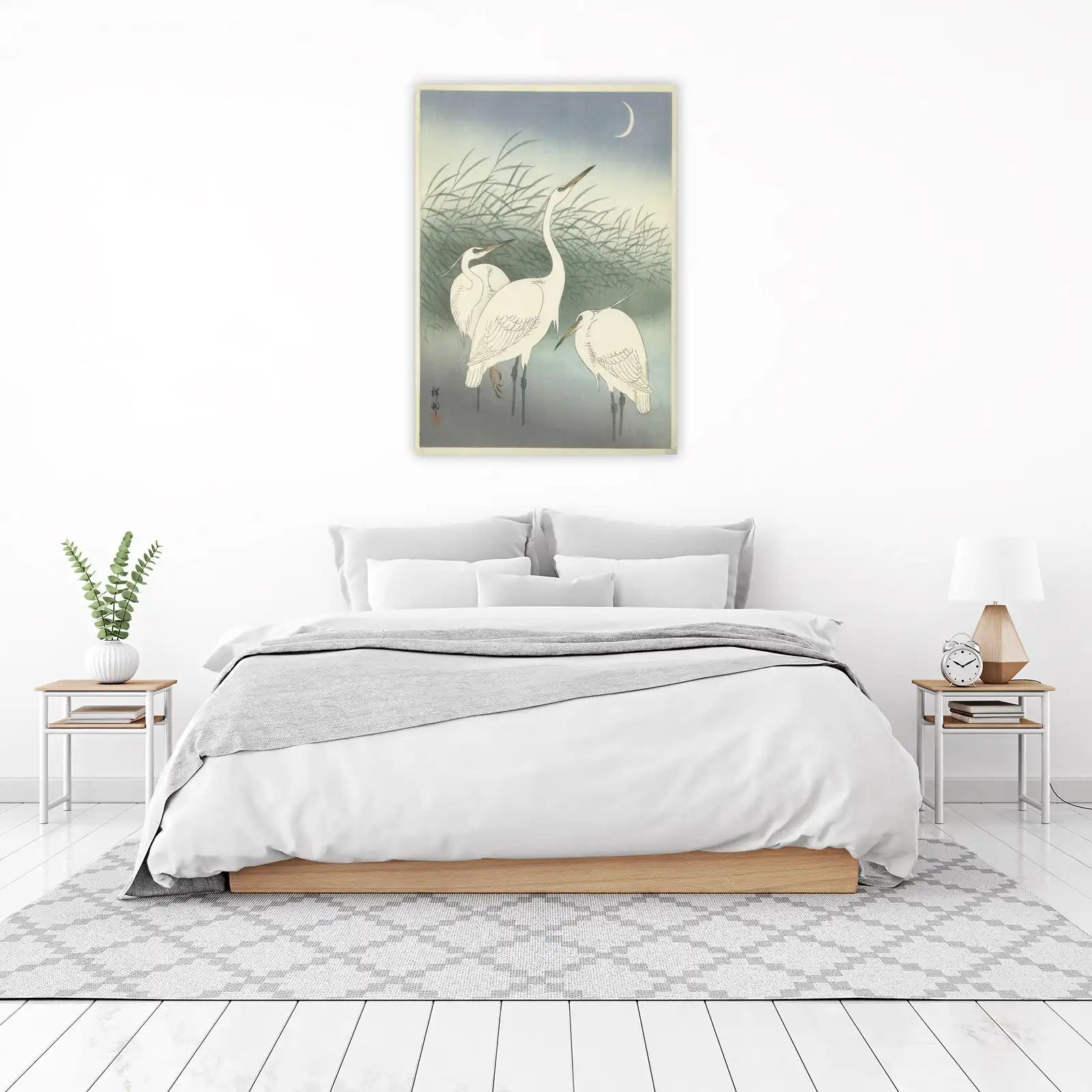 Tranquil Egrets Moonlit Reeds Wall Art