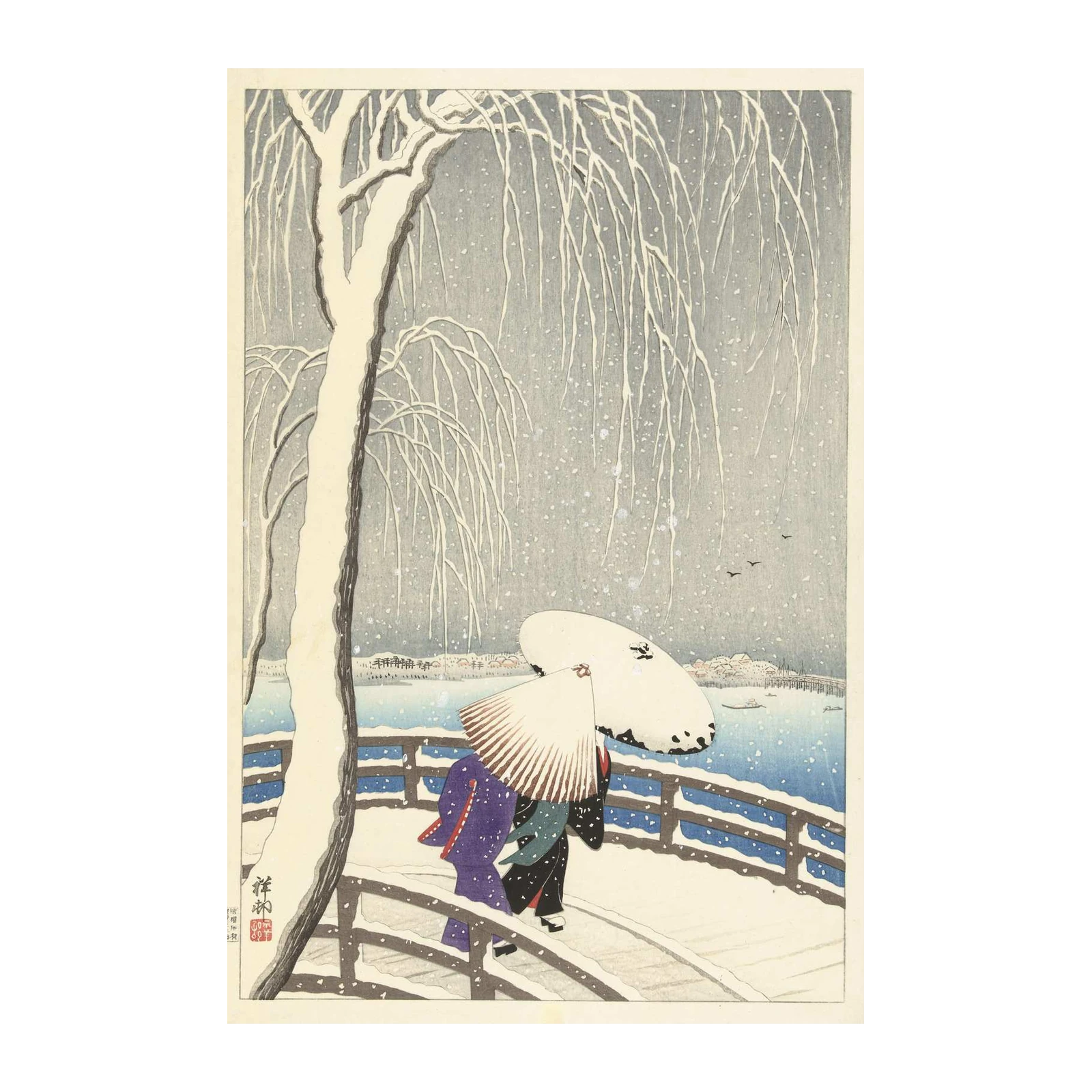 Serene Winter Snow Scene Japanese Art Wall Art
