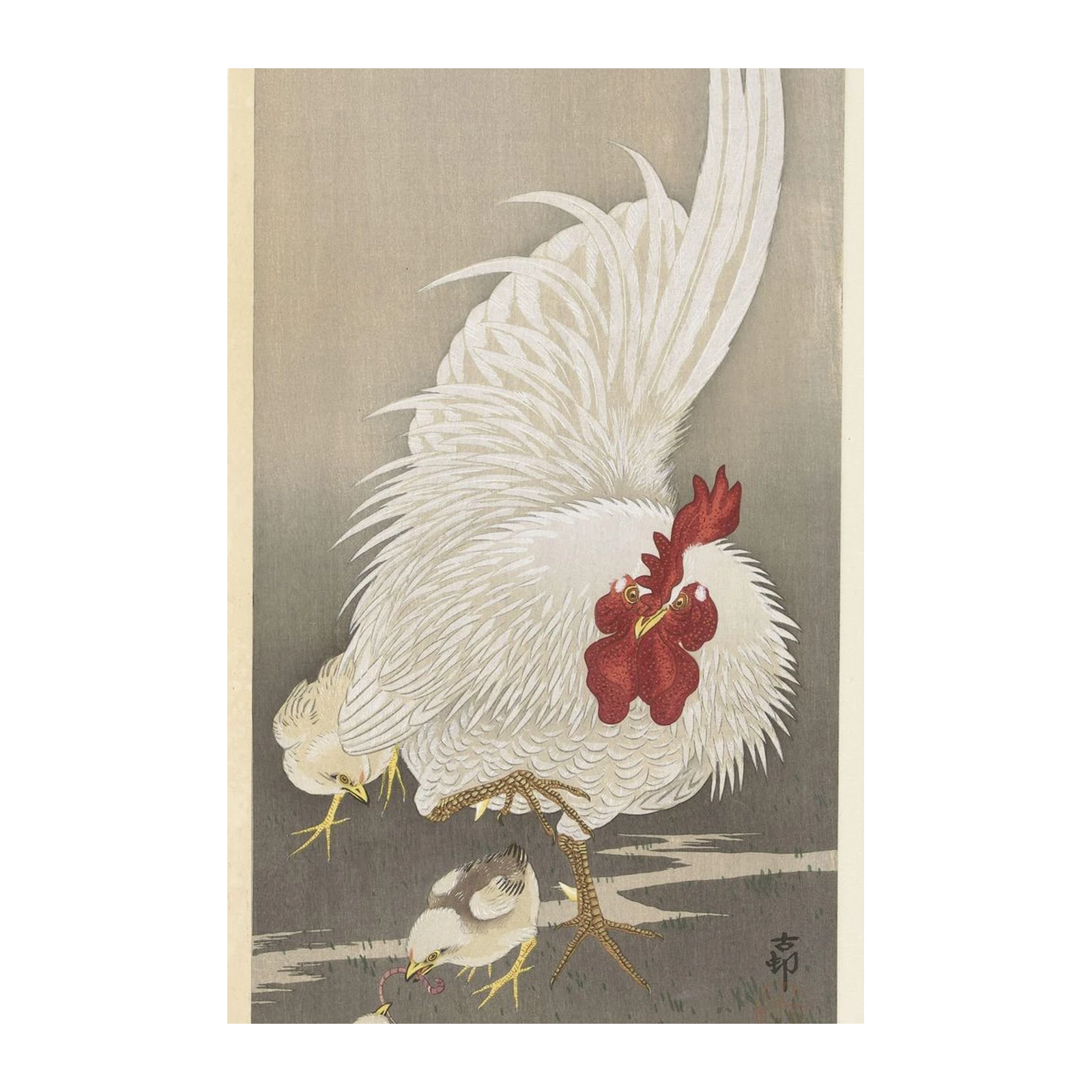 Elegant White Rooster & Chicks Japanese Art Wall Art