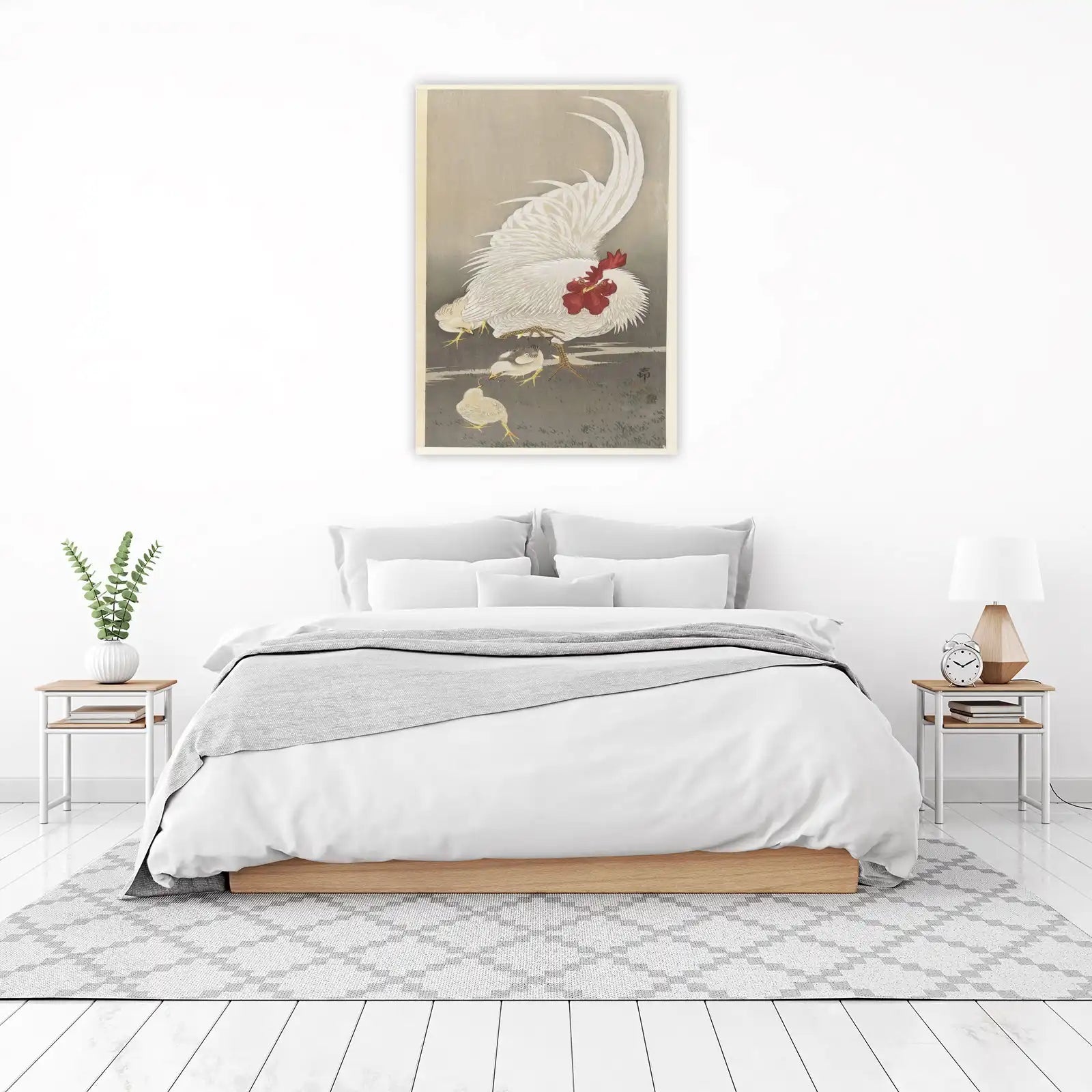 Elegant White Rooster & Chicks Japanese Art Wall Art