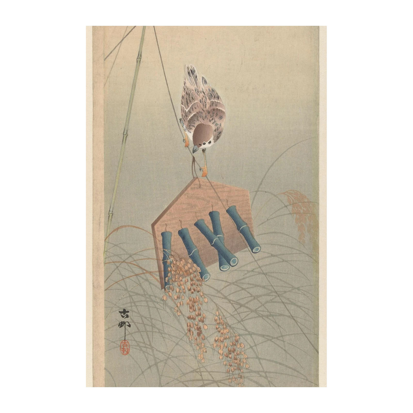Peaceful Sparrow & Bamboo Bird Feeder Wall Art