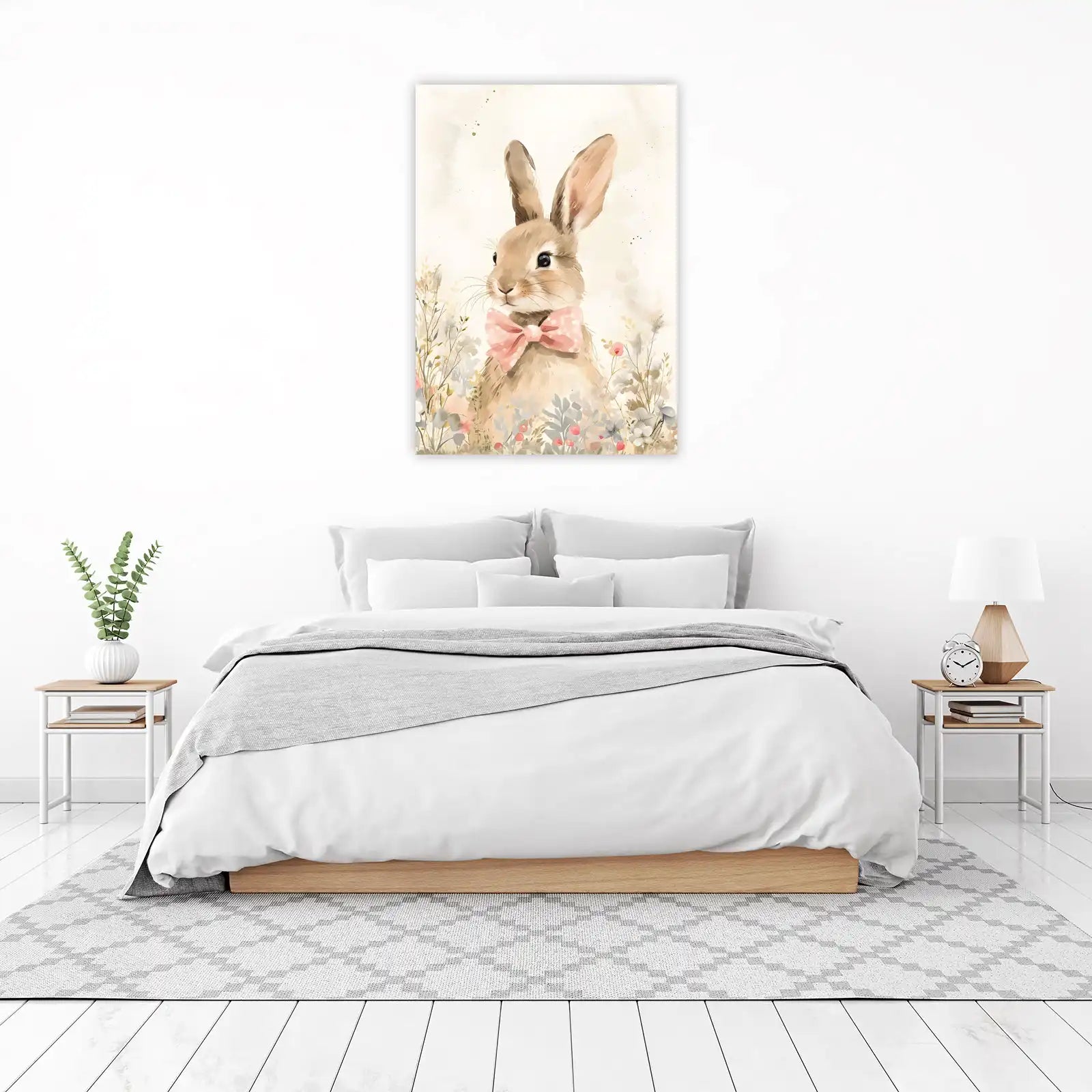 Charming Bunny with Pink Bow Watercolor Wall Art