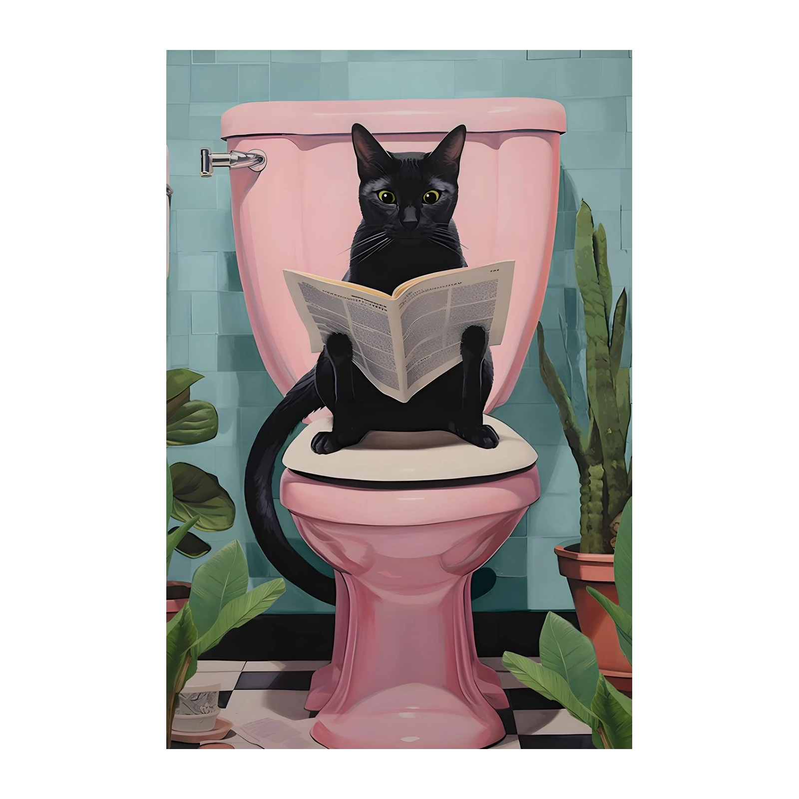 Humorous Black Cat Reading Toilet Wall Art