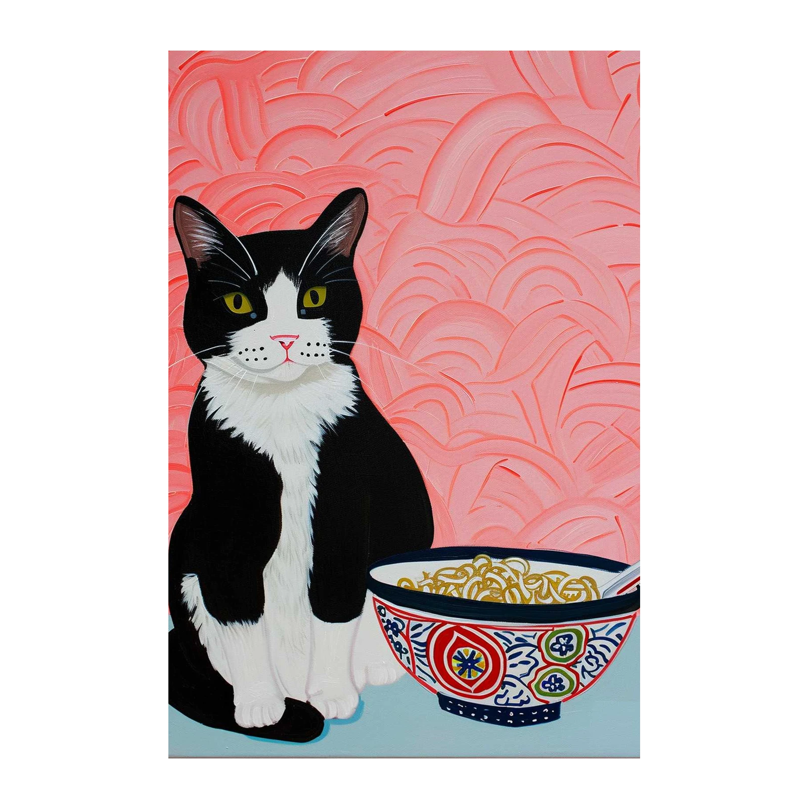 Whimsical Cat & Noodle Bowl Wall Art
