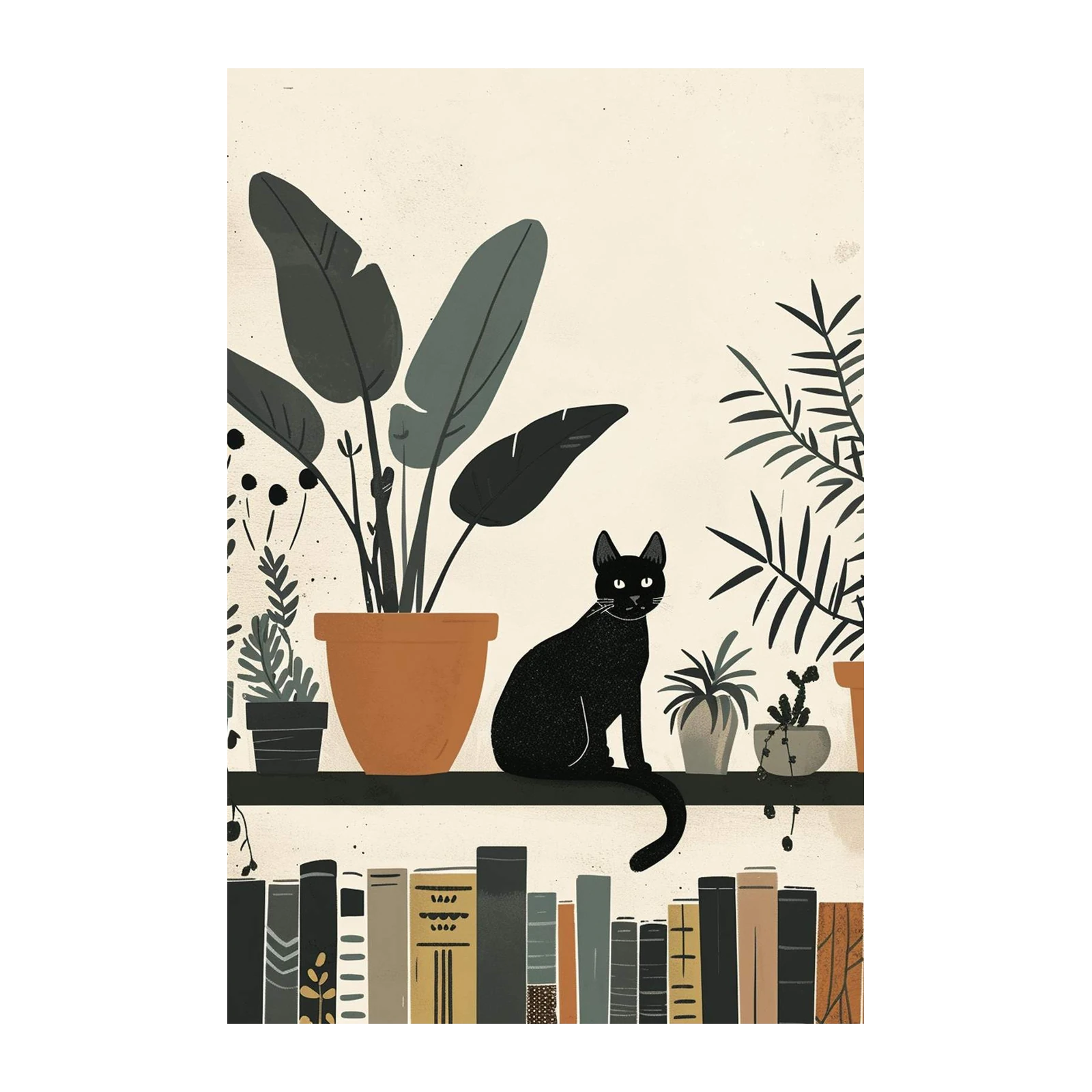 Cozy Black Cat & Plants Wall Art