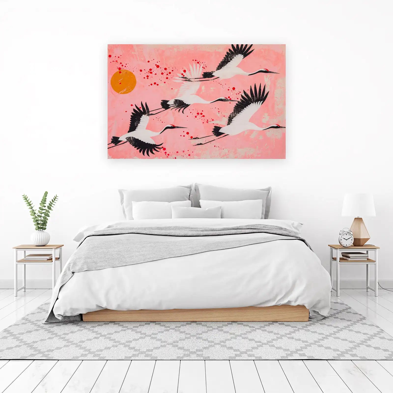 Elegant Cranes Abstract Pink Sunset Wall Art