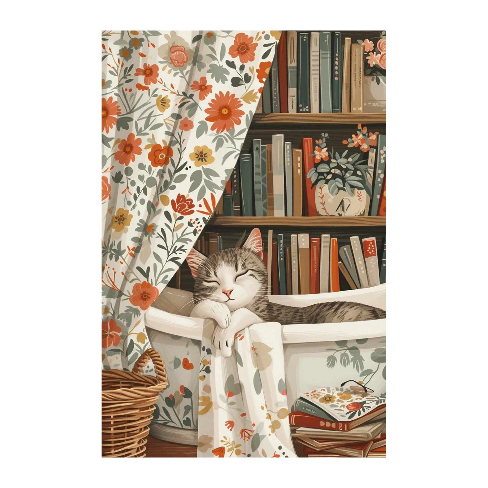 Cozy Cat Reading Nook Floral Wall Art