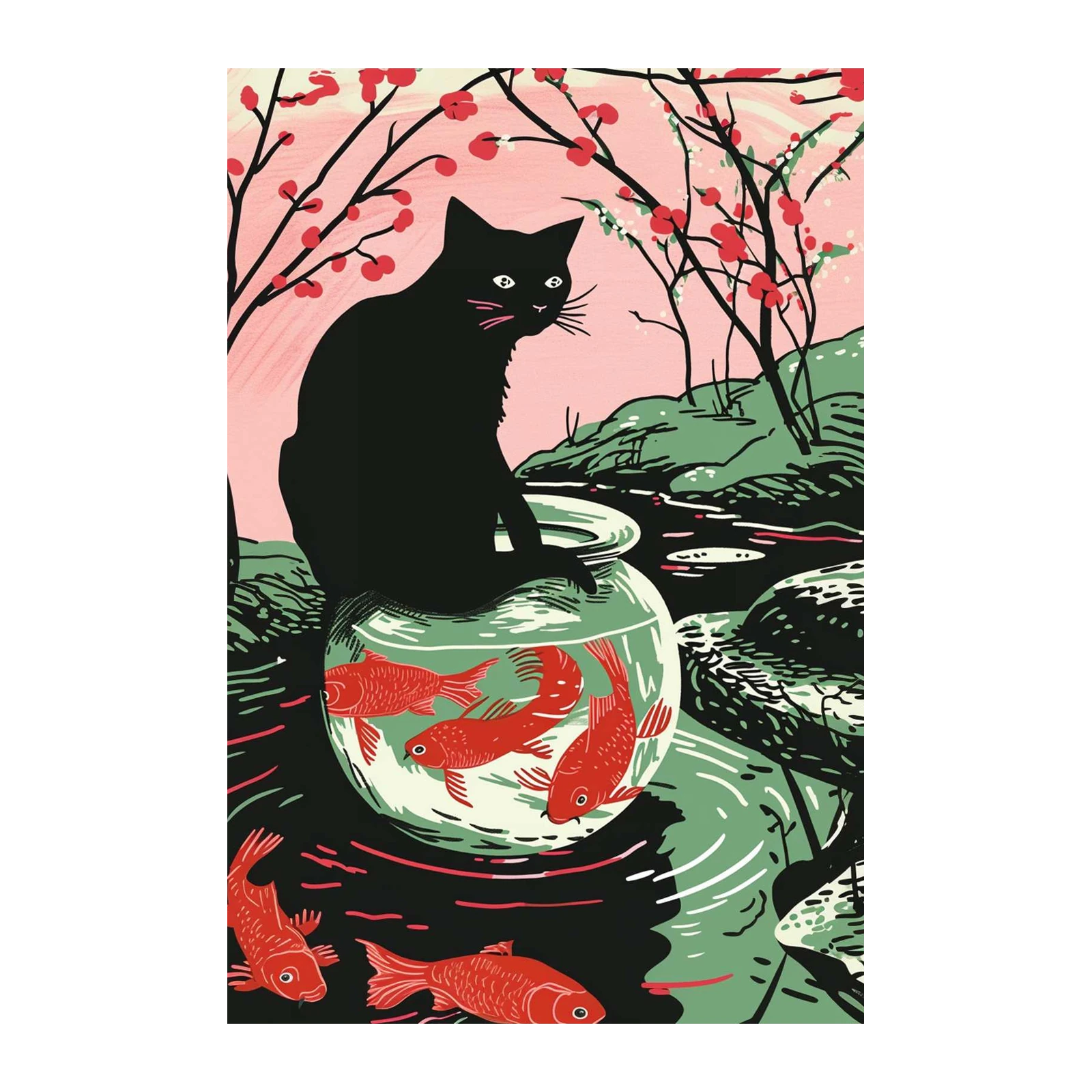 Whimsical Black Cat & Koi Fish Wall Art