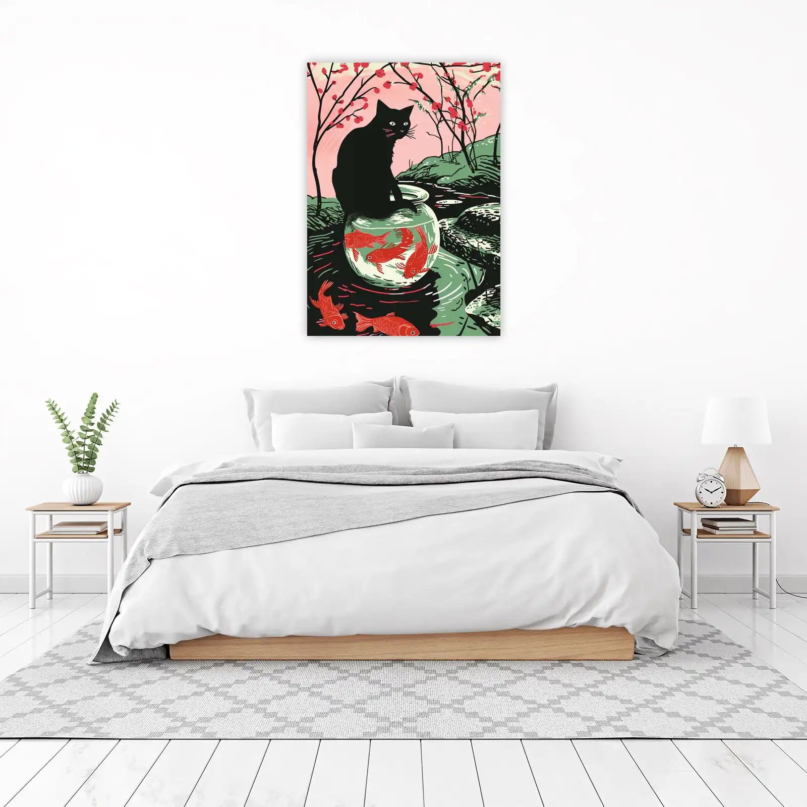 Whimsical Black Cat & Koi Fish Wall Art
