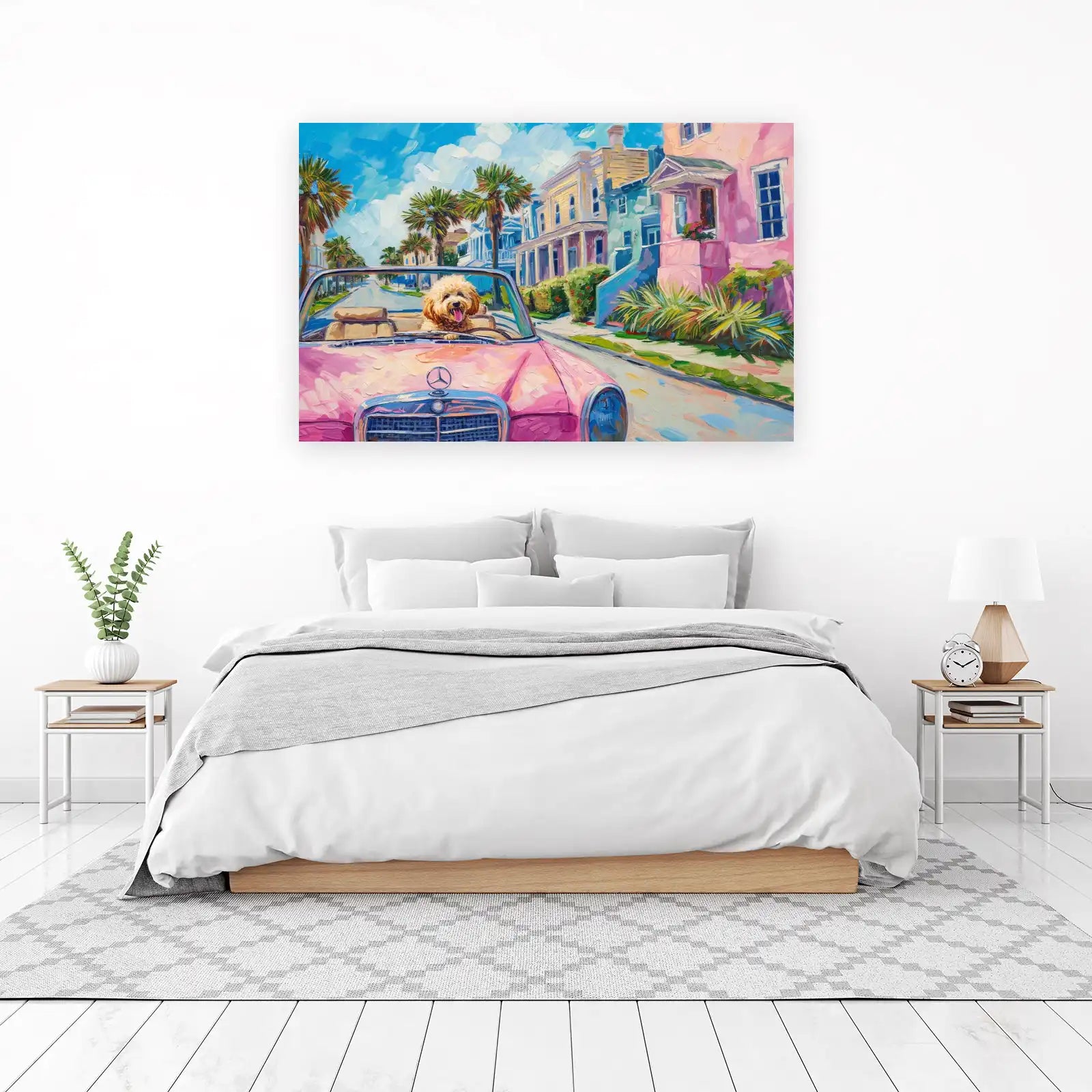 Joyful Dog in Pink Classic Car Wall Art