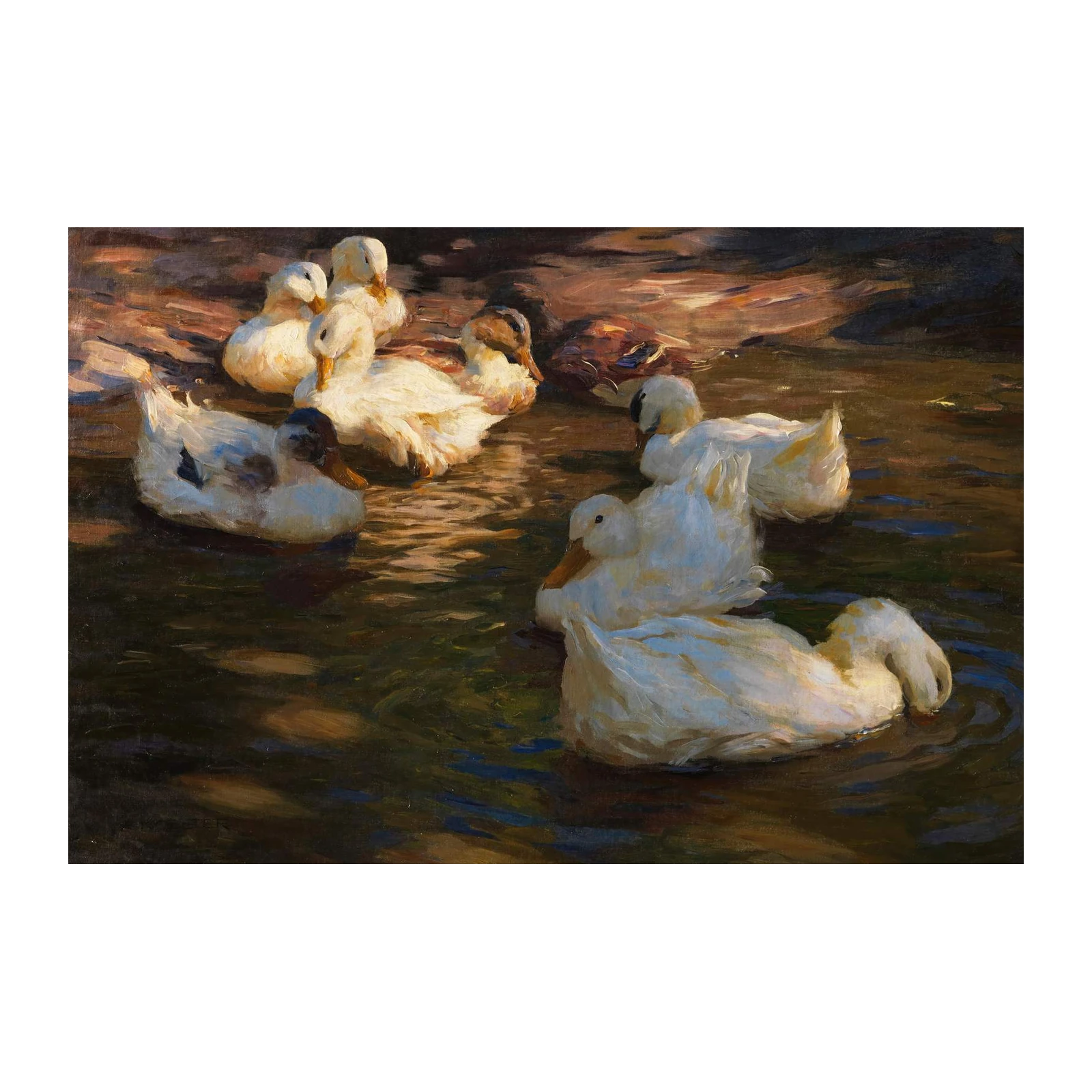 Serene Ducklings Pond Oil Painting Wall Art