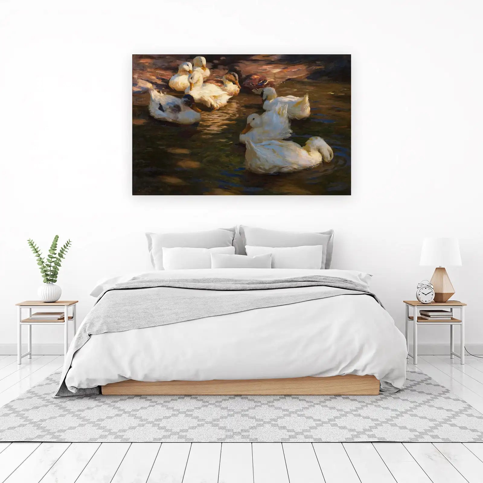 Serene Ducklings Pond Oil Painting Wall Art