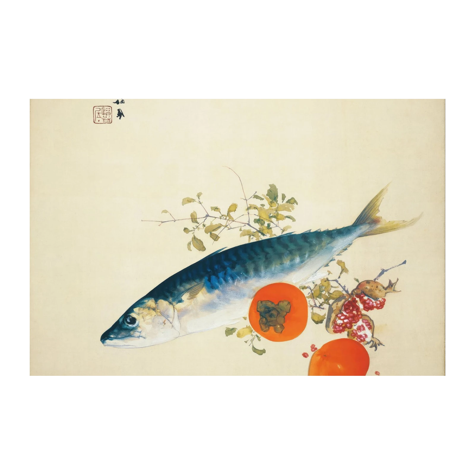 Vibrant Mackerel & Fruit Still Life Wall Art