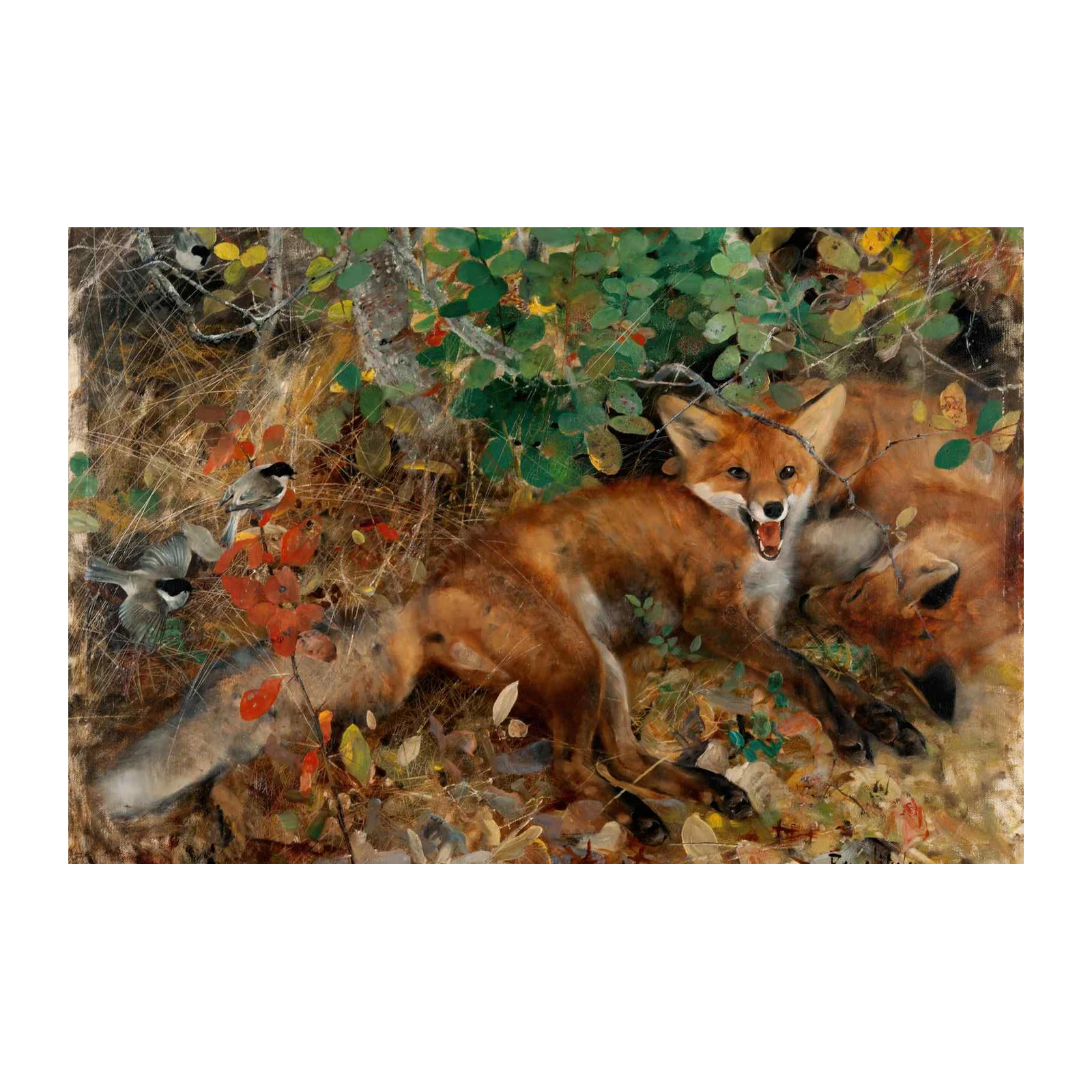 Artistic Foxes & Birds Forest Scene Wall Art