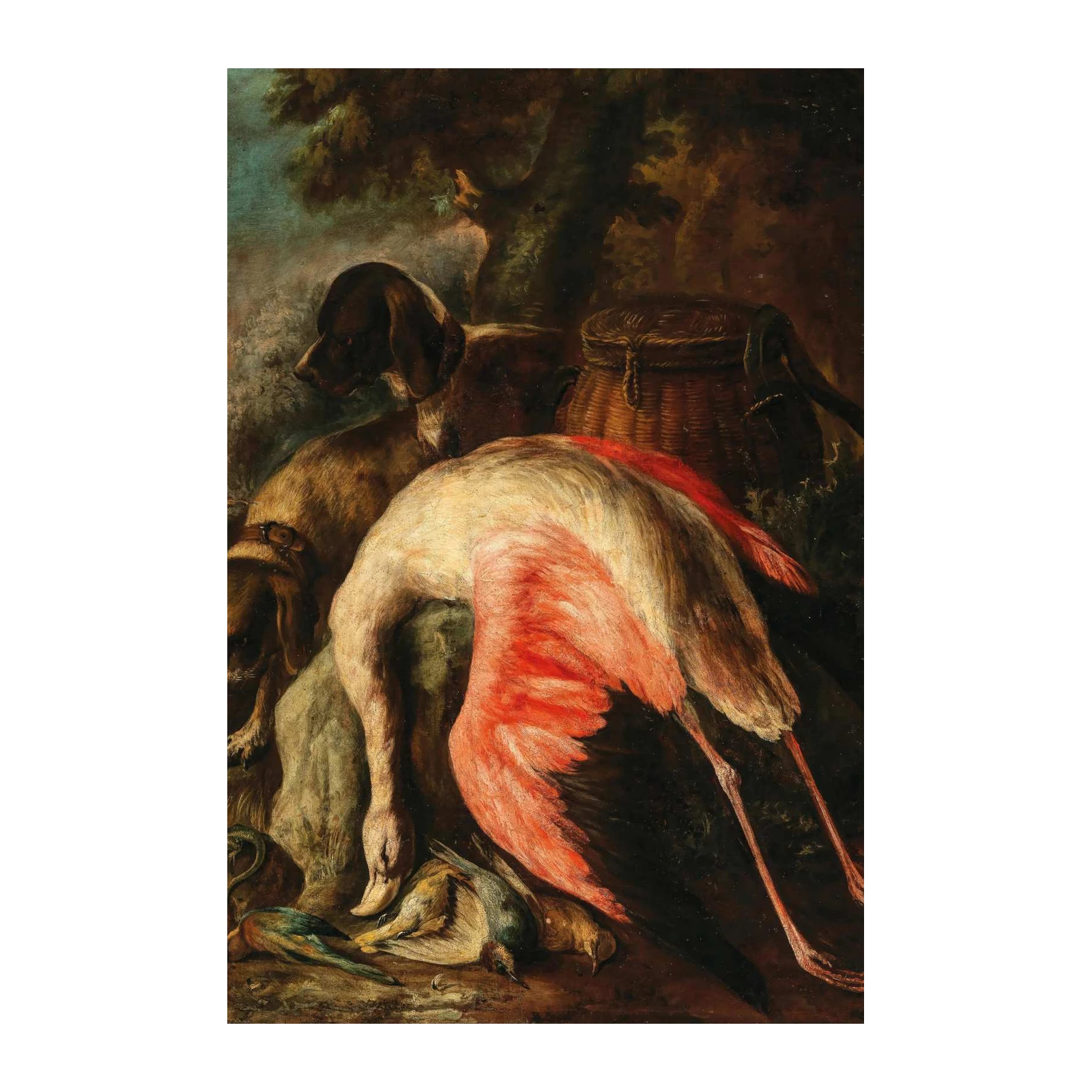 Elegant Flamingo & Game Dogs Still Life Wall Art