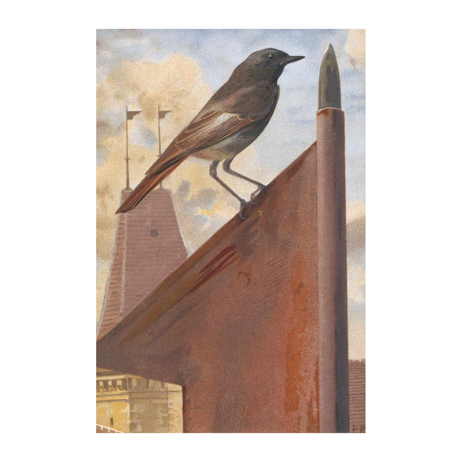 Elegant Bird on Rooftop Vintage Style Wall Art