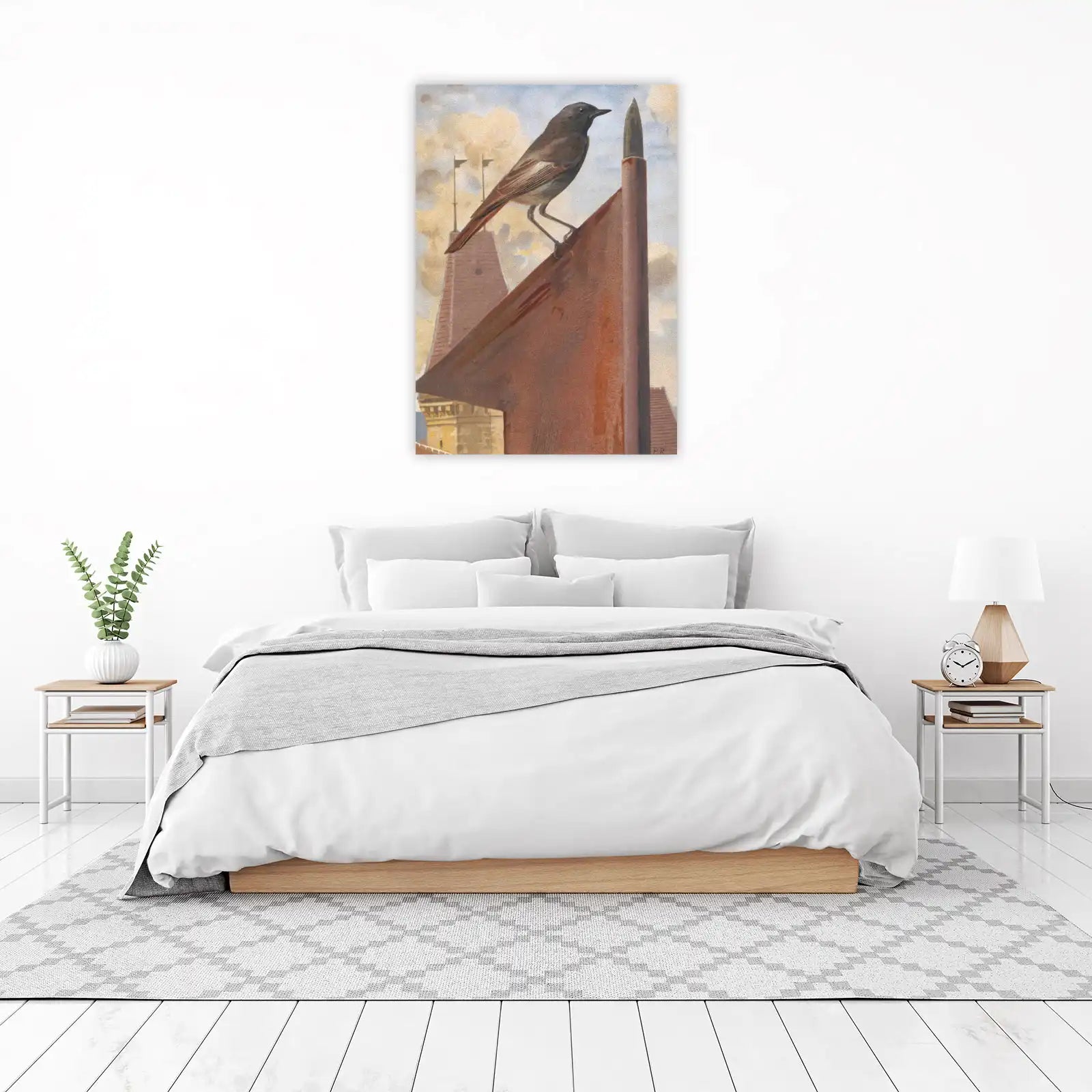 Elegant Bird on Rooftop Vintage Style Wall Art
