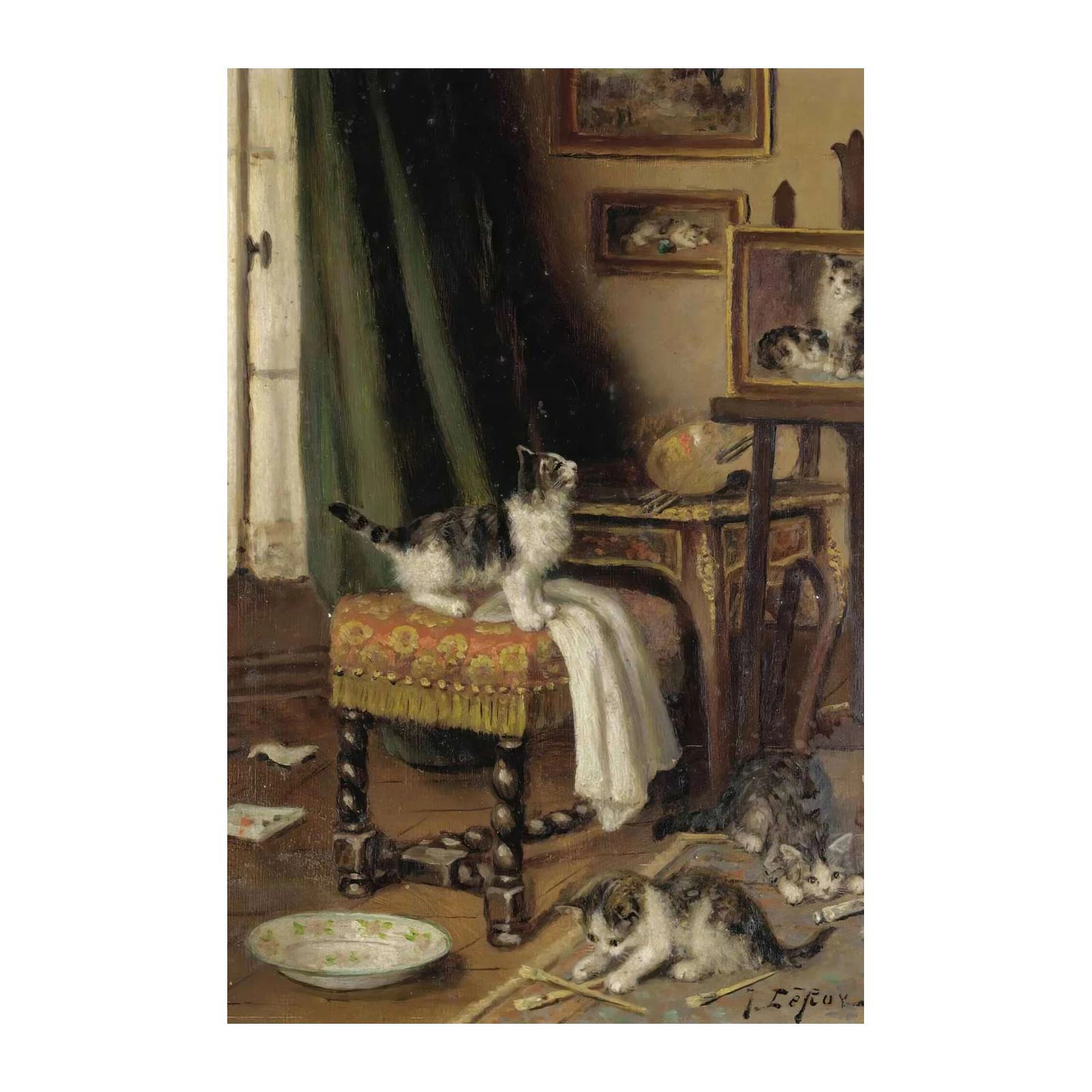 Kittens in Artist Studio Oil Painting Wall Art