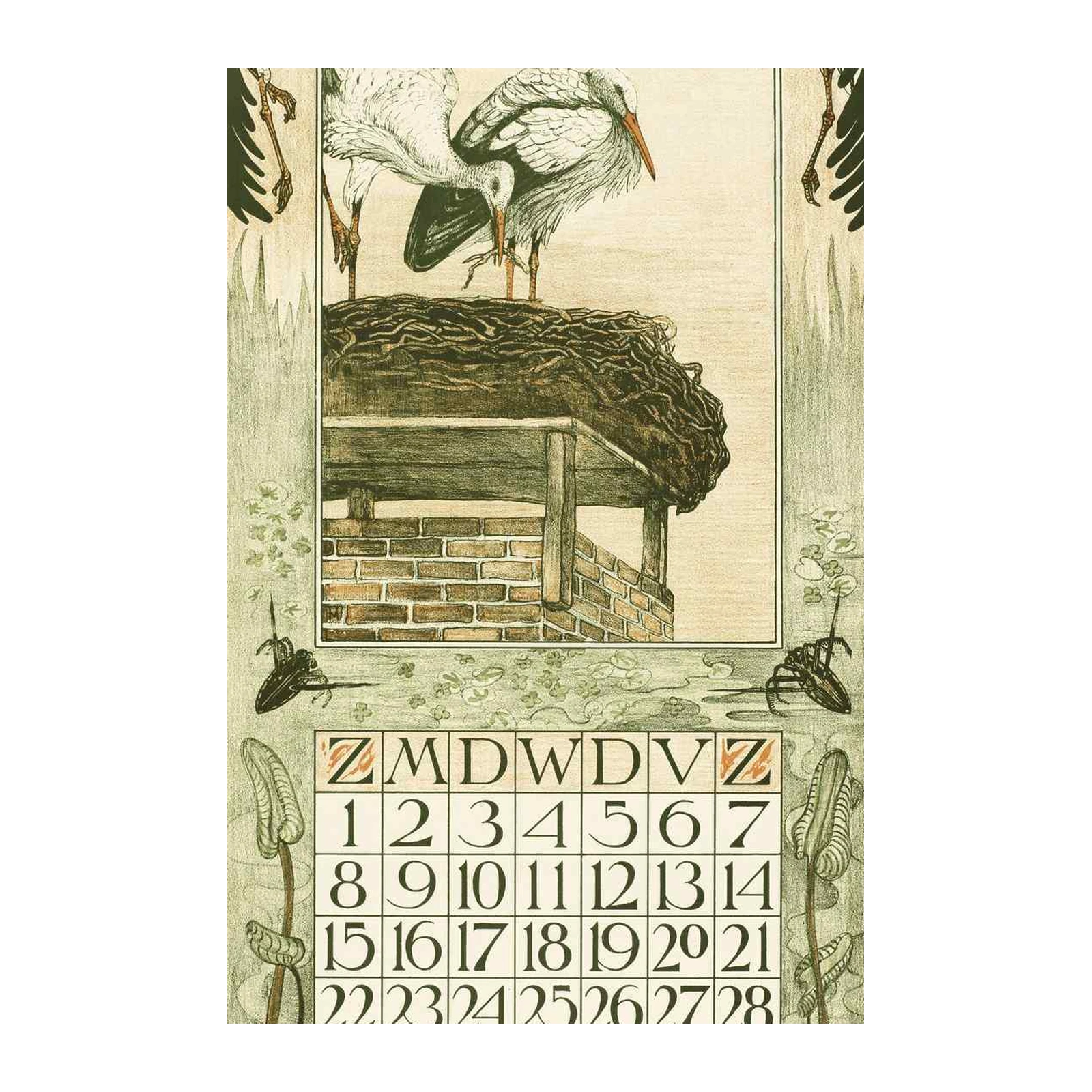 Vintage Storks & Frogs Botanical Calendar Art Wall Art