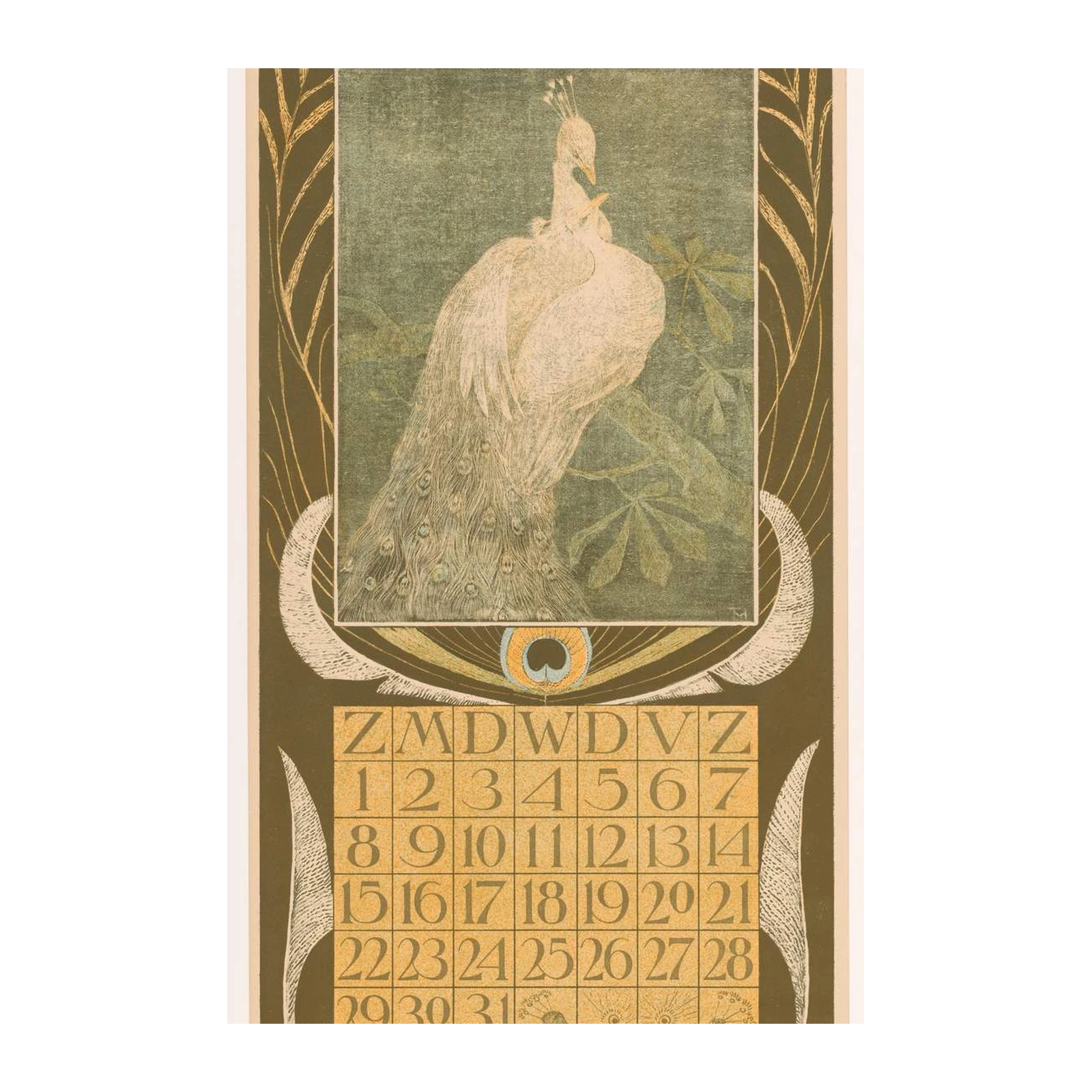 Elegant Peacock 'Mei' Art Nouveau Calendar Wall Art