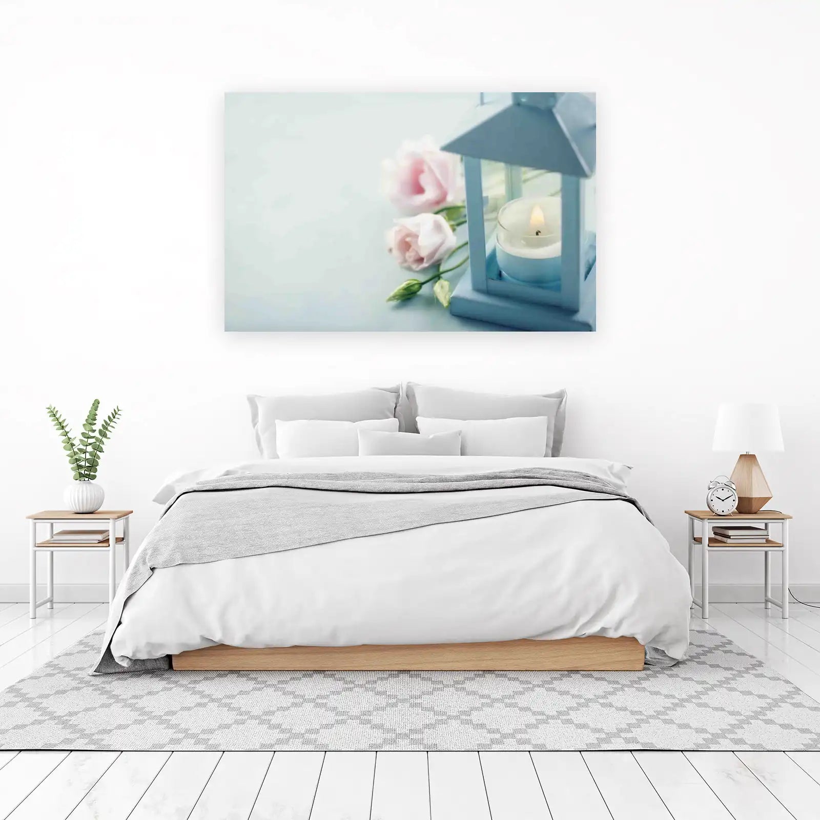 Serene Pink Roses & Blue Lantern Wall Art