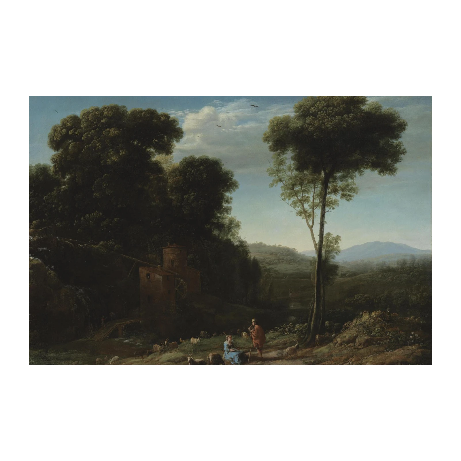Serene Landscape with Shepherds and Watermill Wall Art