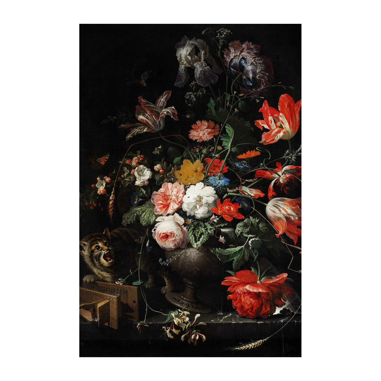 Dramatic Cat & Flowers Dutch Golden Age Wall Art