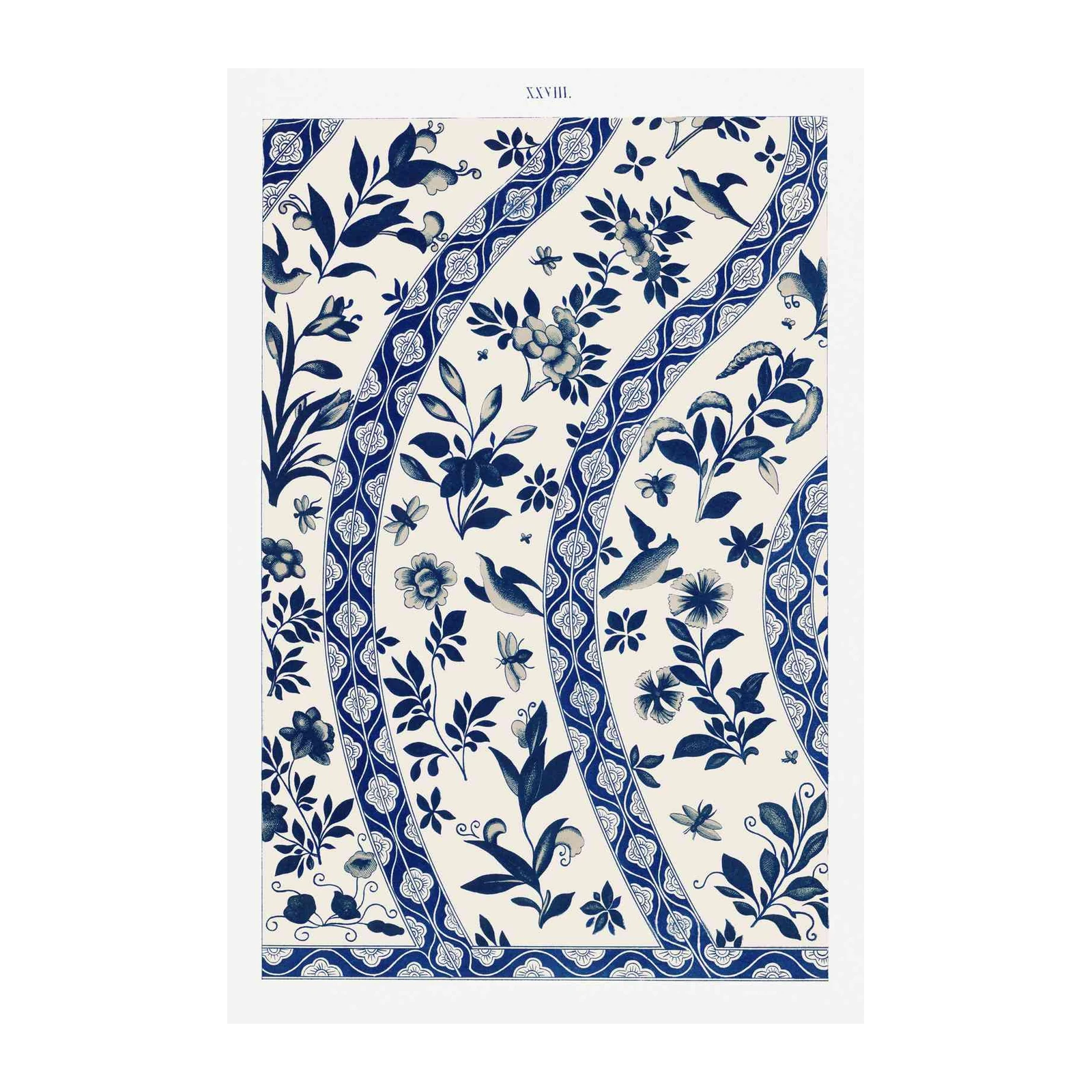 Vintage Blue Bird Floral Pattern Wall Art
