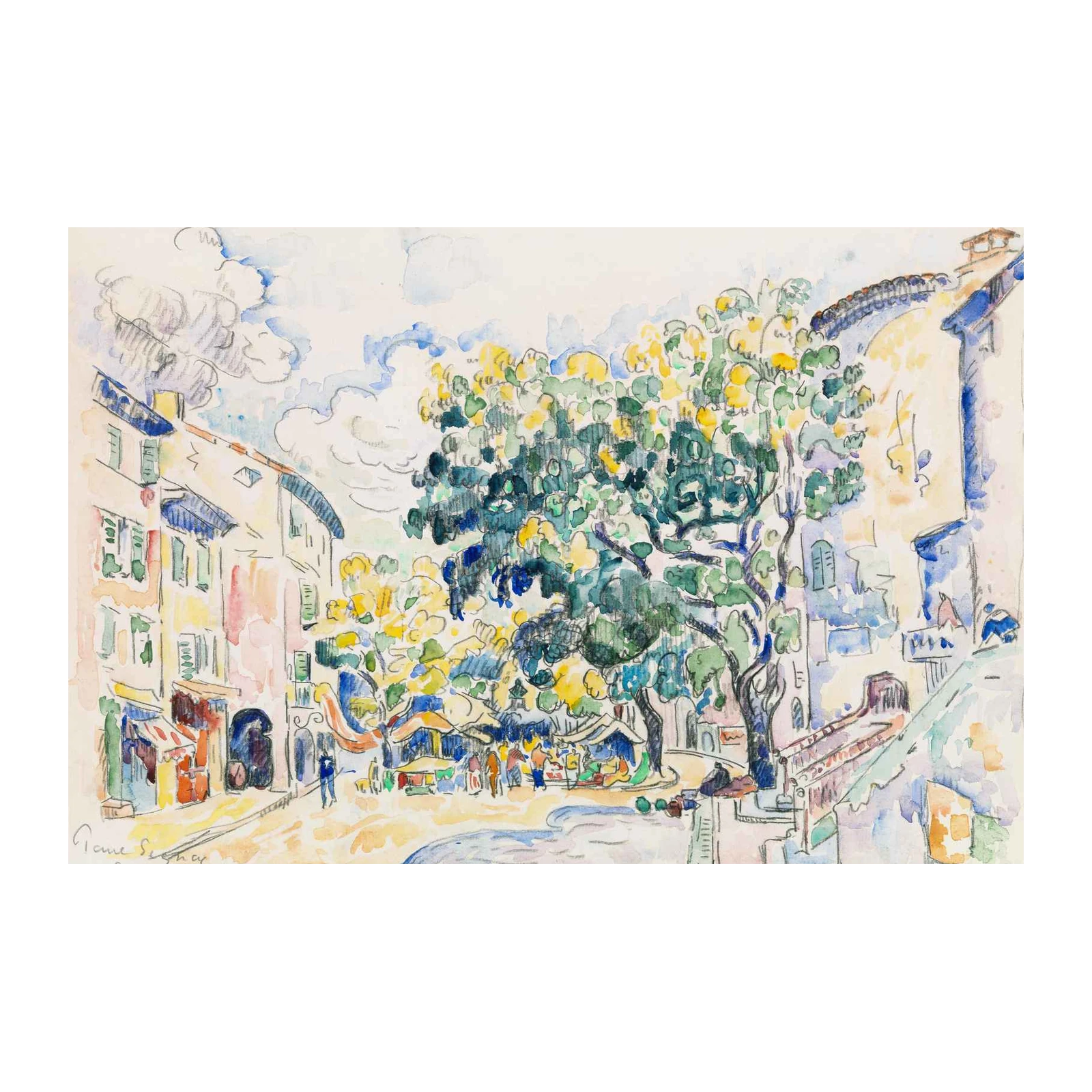 Charming Market Scene Watercolor Wall Art